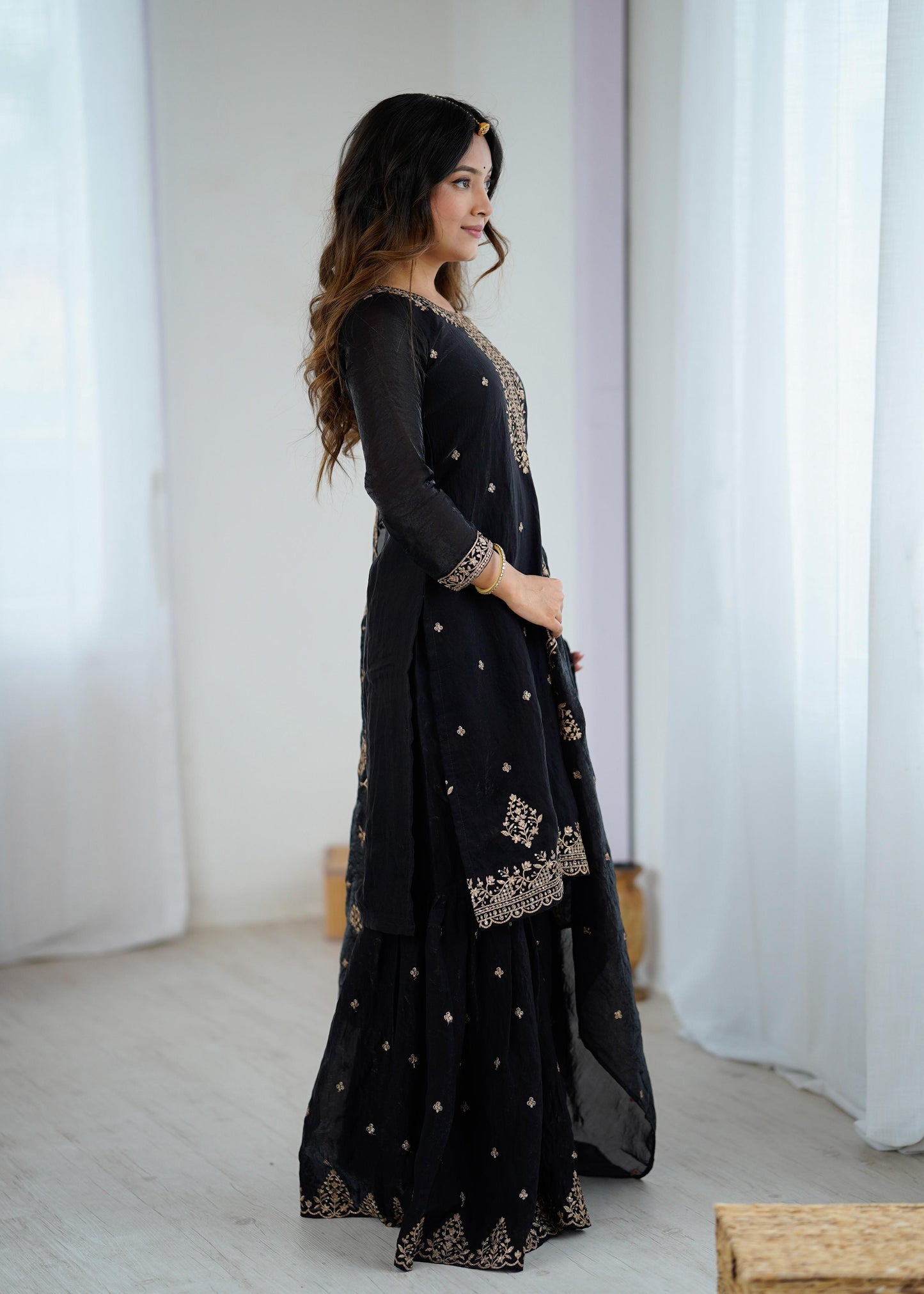 Black Soft Crunchy Silk with Fancy Embroidery Work 3pc Kurta Set
