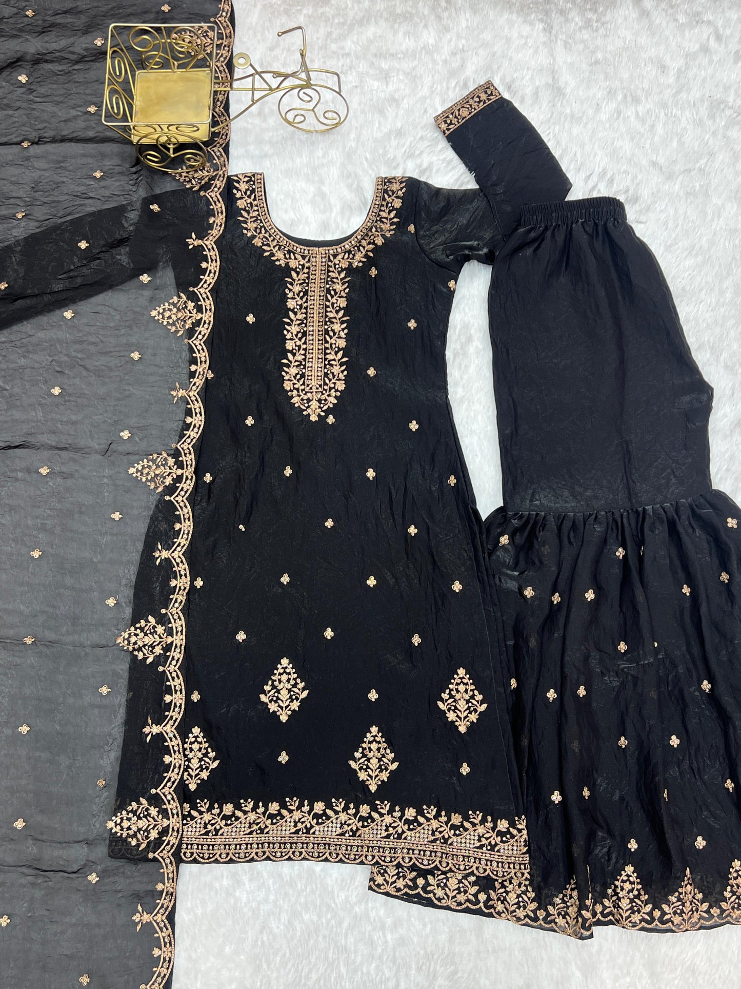 Black Soft Crunchy Silk with Fancy Embroidery Work 3pc Kurta Set