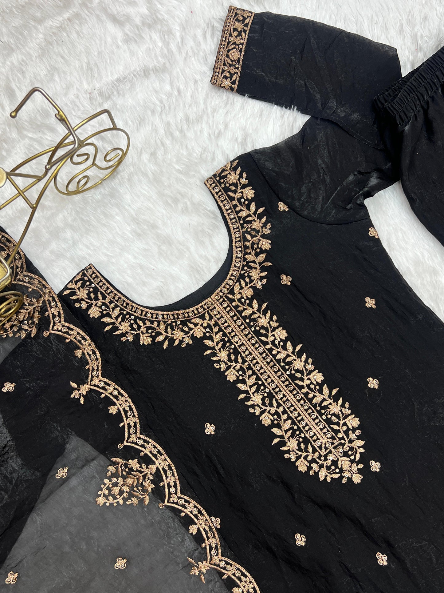 Black Soft Crunchy Silk with Fancy Embroidery Work 3pc Kurta Set