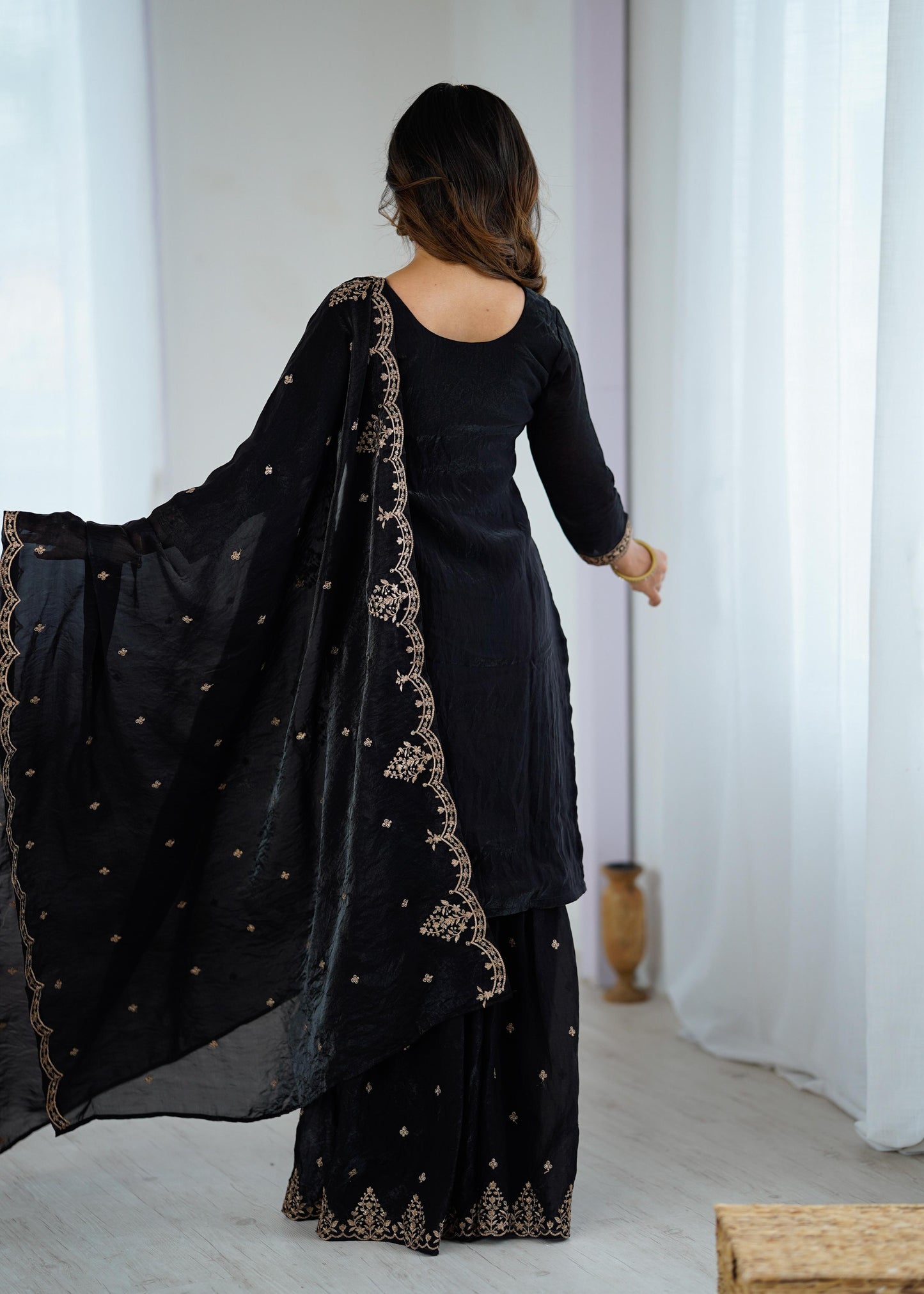 Black Soft Crunchy Silk with Fancy Embroidery Work 3pc Kurta Set
