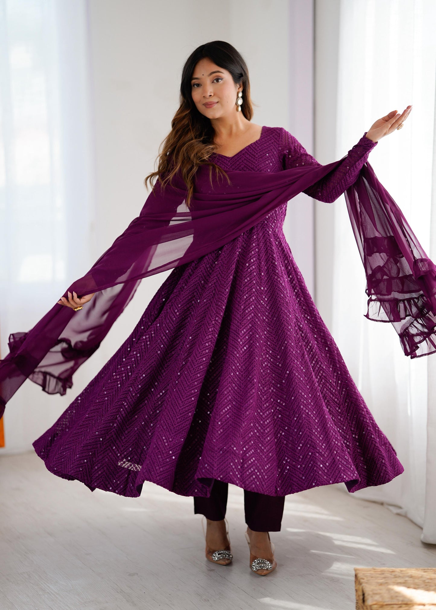 Wine Heavy Pure Soft Fox Georgette with Lucknowi Sequins Work 3pc Kurta Set
