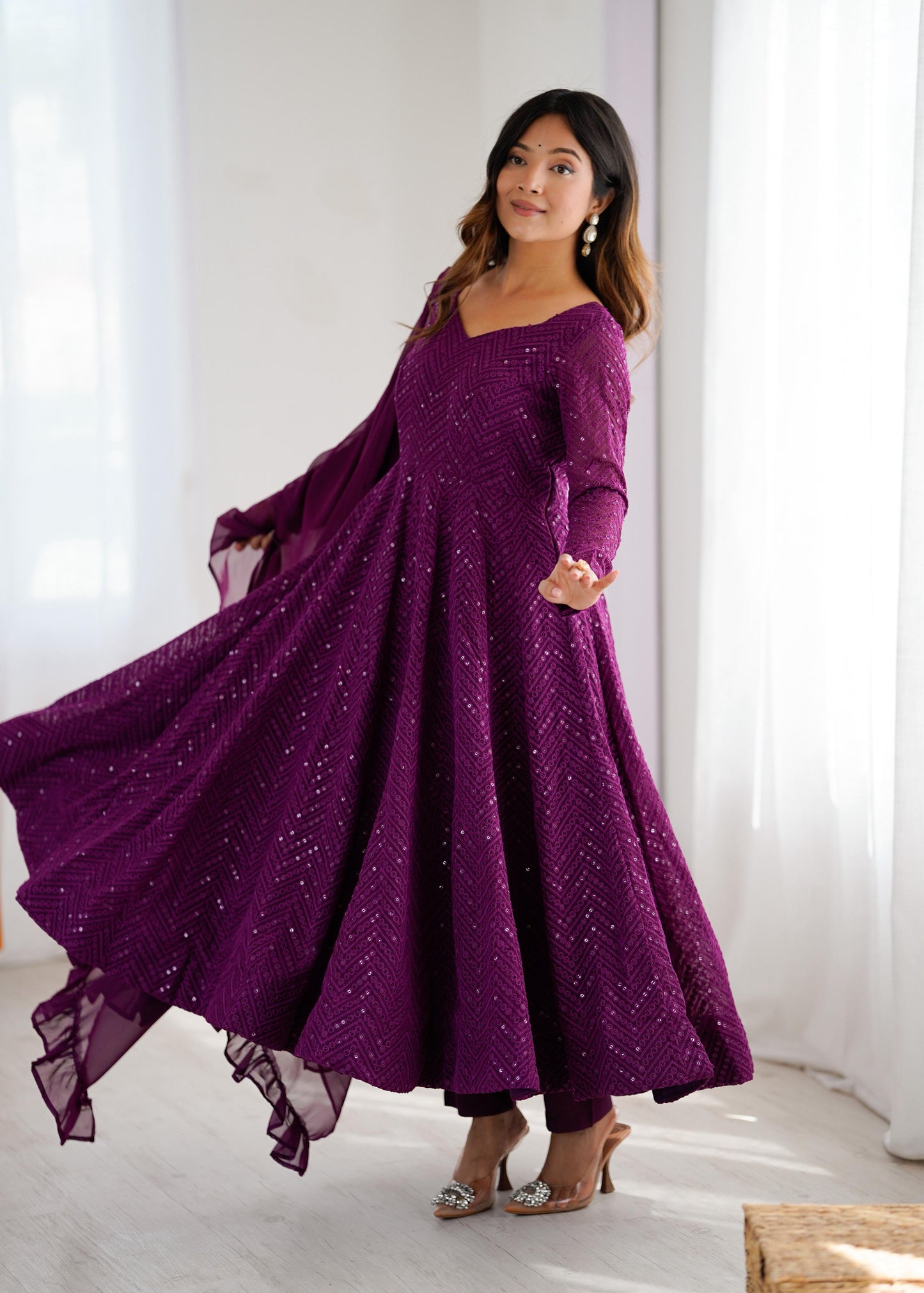 Wine Heavy Pure Soft Fox Georgette with Lucknowi Sequins Work 3pc Kurta Set