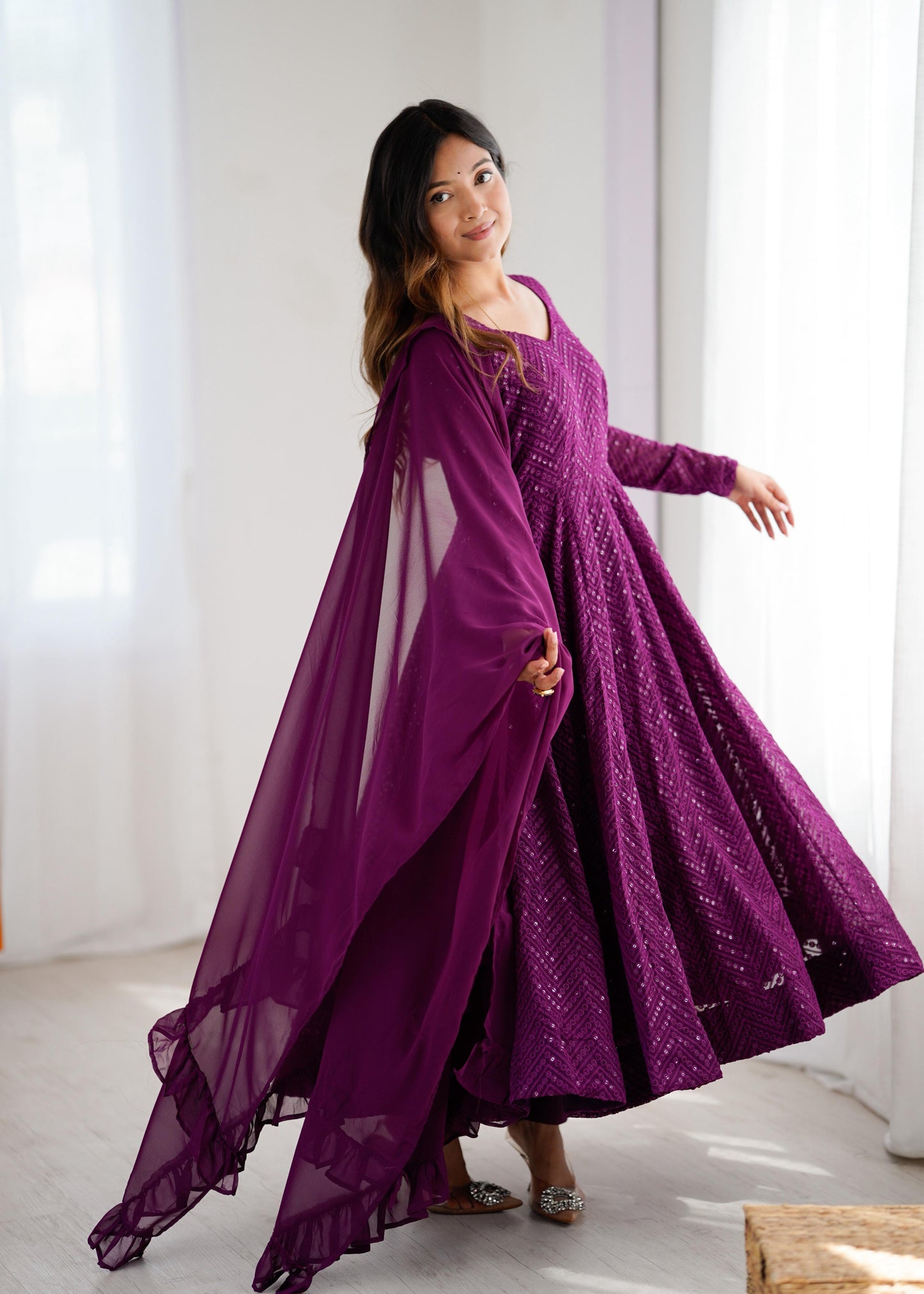 Wine Heavy Pure Soft Fox Georgette with Lucknowi Sequins Work 3pc Kurta Set