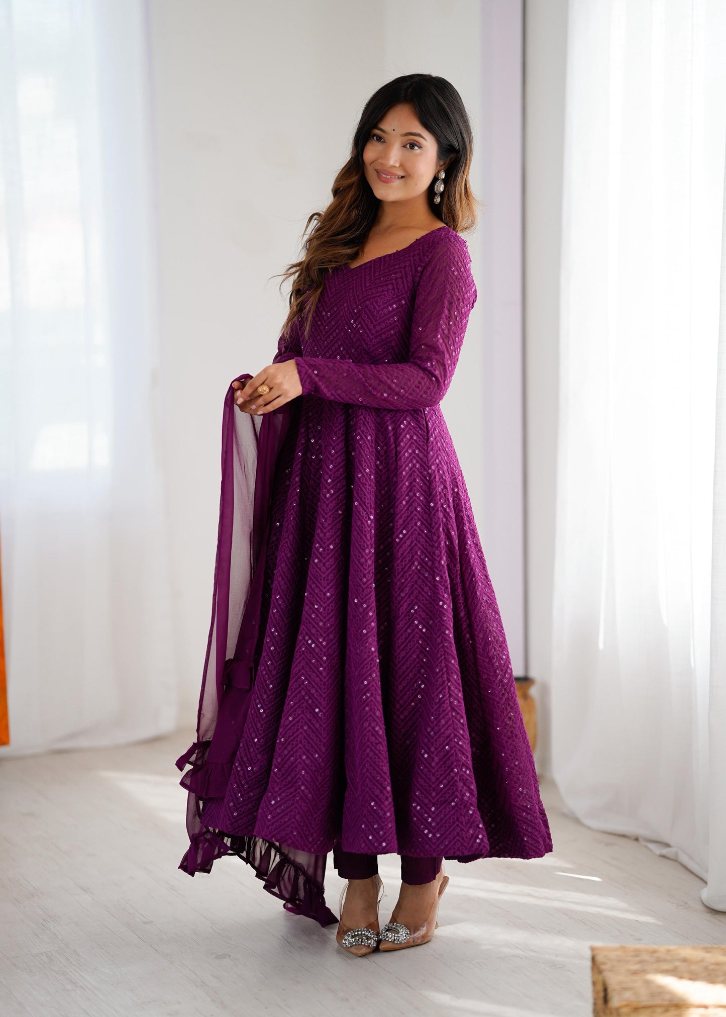 Wine Heavy Pure Soft Fox Georgette with Lucknowi Sequins Work 3pc Kurta Set