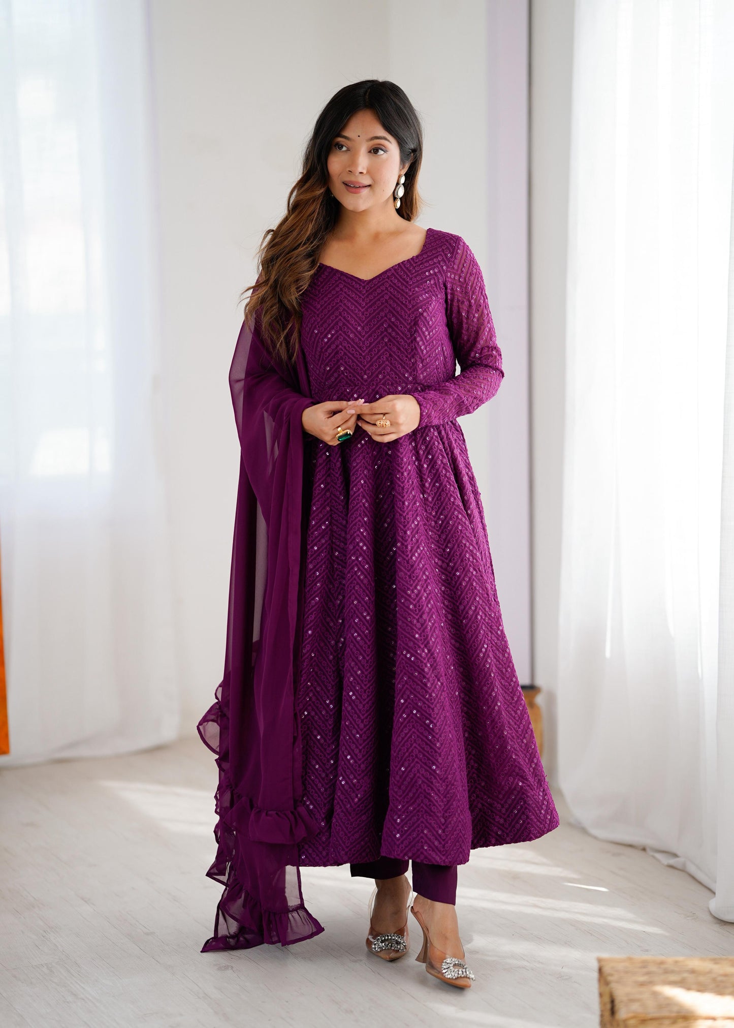 Wine Heavy Pure Soft Fox Georgette with Lucknowi Sequins Work 3pc Kurta Set