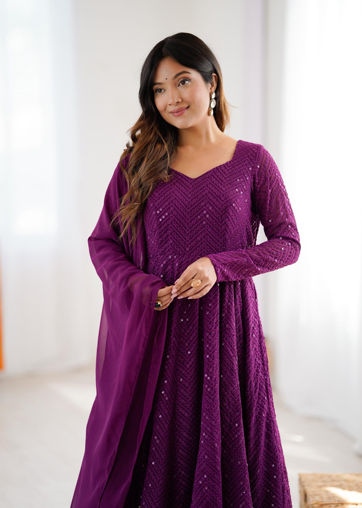 Wine Heavy Pure Soft Fox Georgette with Lucknowi Sequins Work 3pc Kurta Set