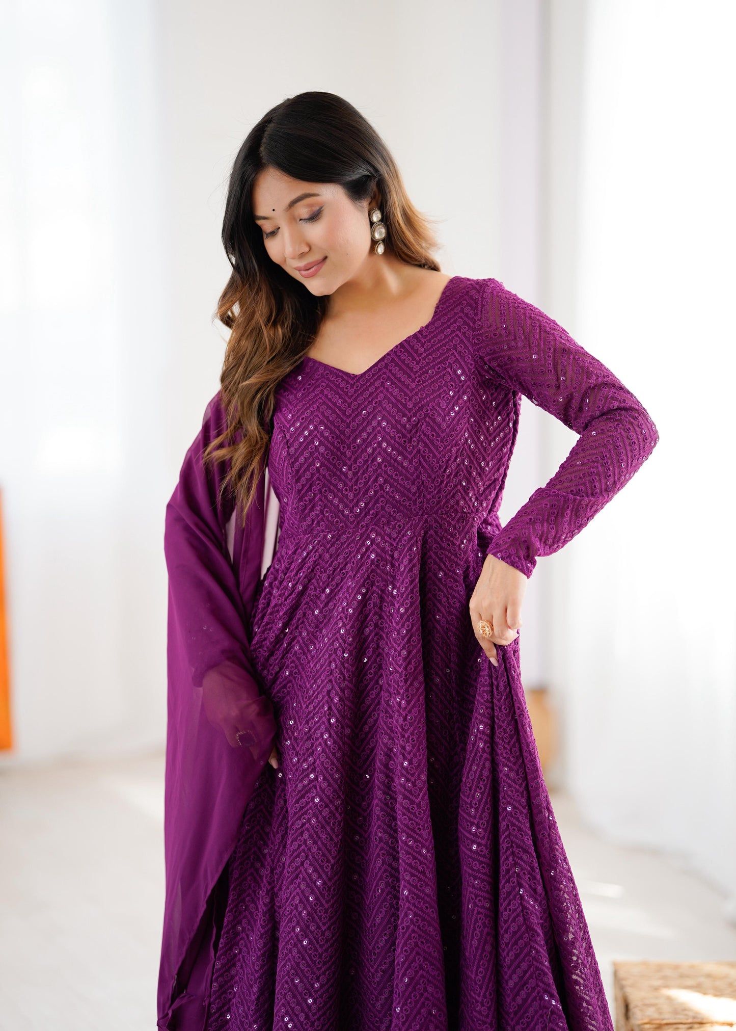 Wine Heavy Pure Soft Fox Georgette with Lucknowi Sequins Work 3pc Kurta Set