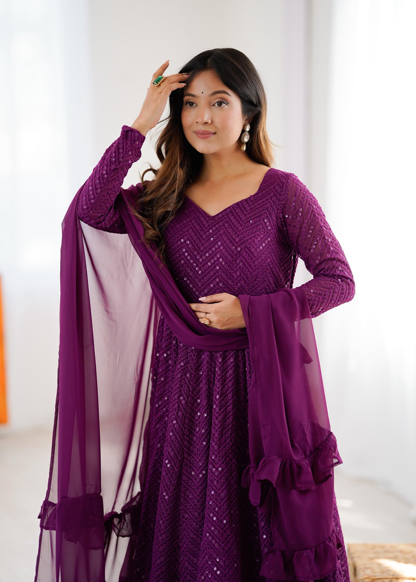 Wine Heavy Pure Soft Fox Georgette with Lucknowi Sequins Work 3pc Kurta Set