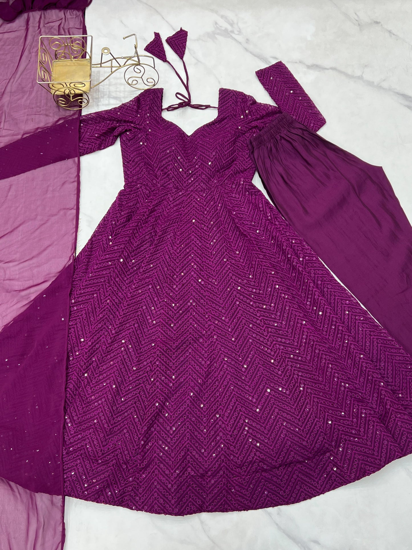 Wine Heavy Pure Soft Fox Georgette with Lucknowi Sequins Work 3pc Kurta Set