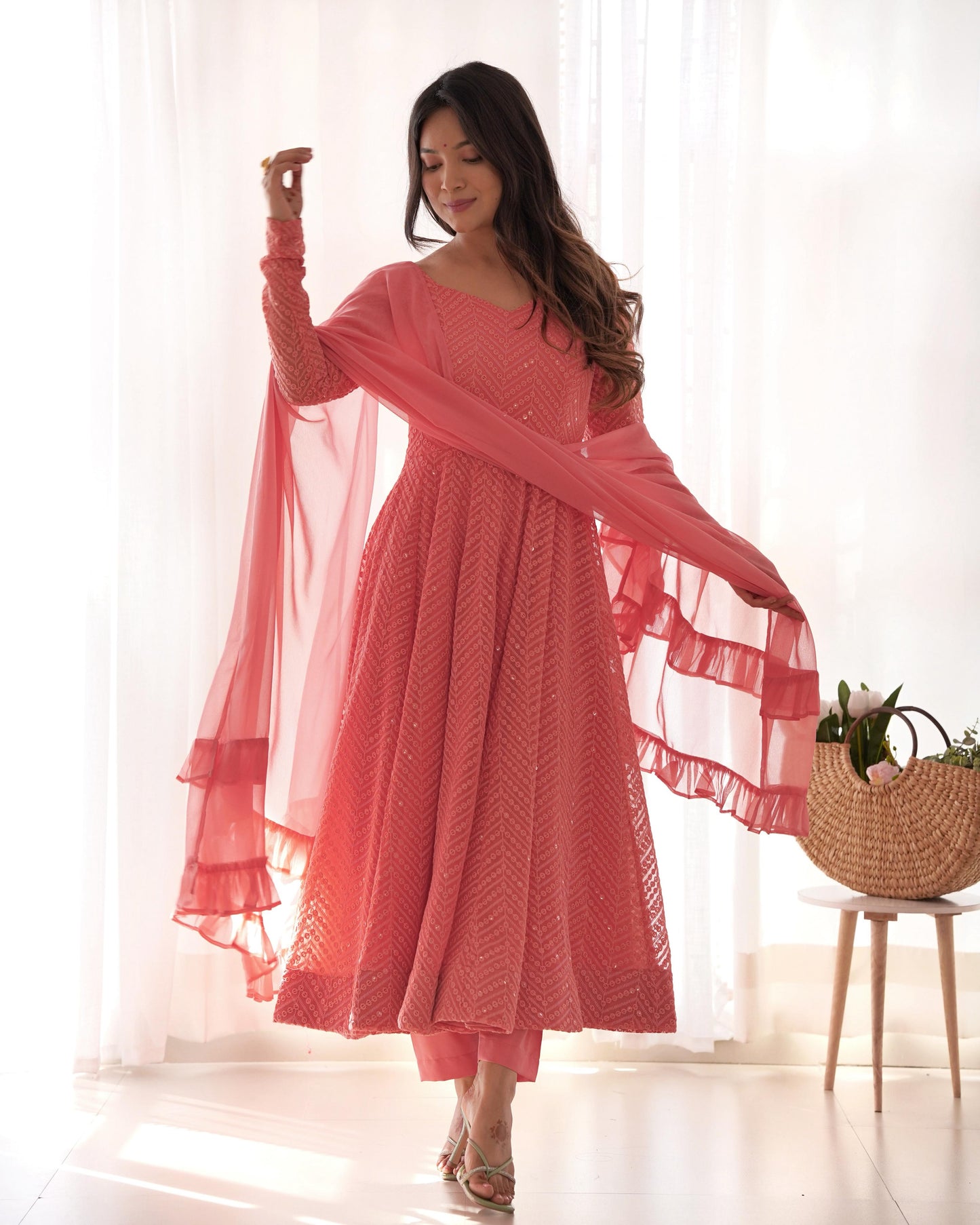 Peach Heavy Pure Soft Fox Georgette with Lucknowi Sequins Work 3pc Kurta Set (Copy)