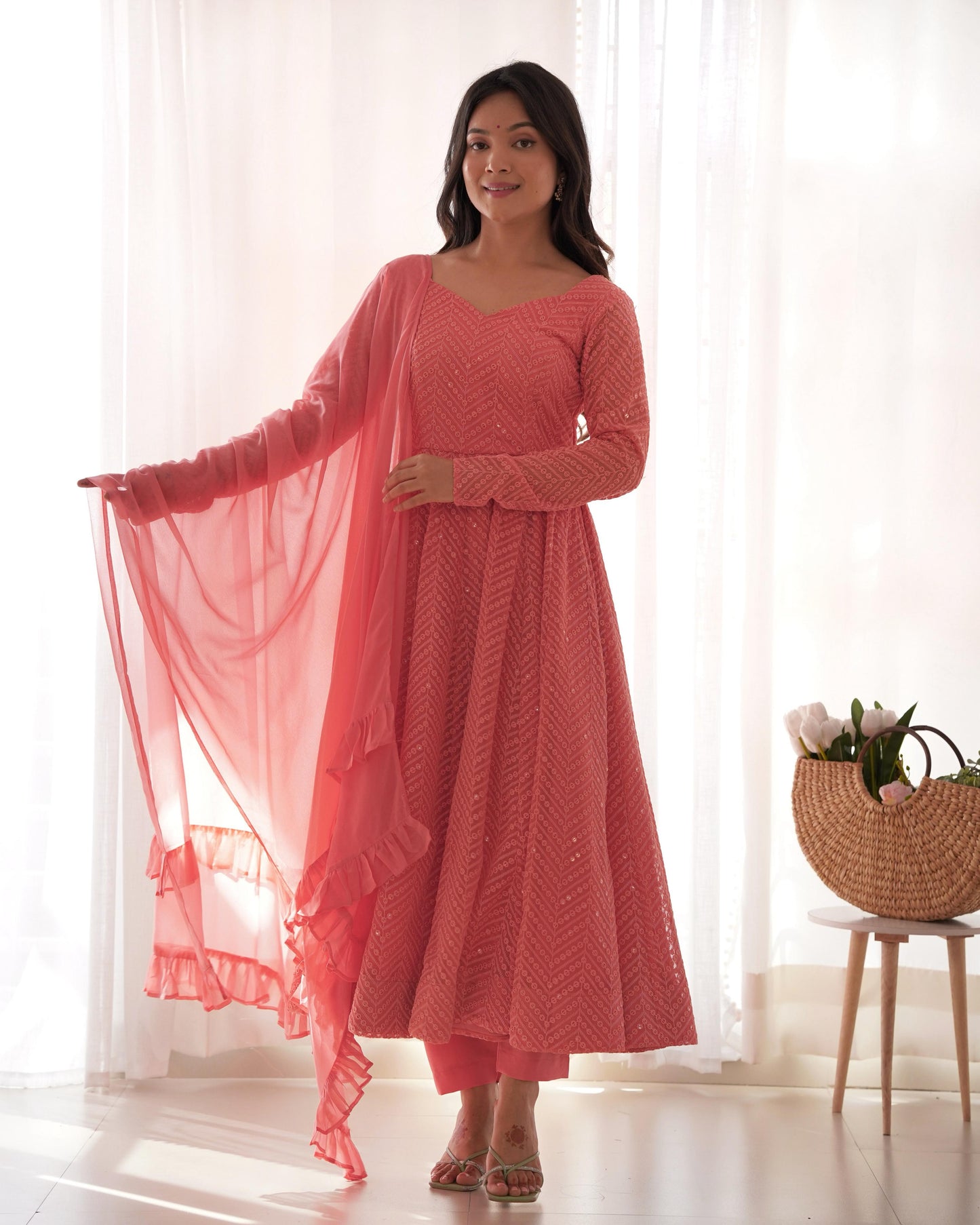 Peach Heavy Pure Soft Fox Georgette with Lucknowi Sequins Work 3pc Kurta Set (Copy)