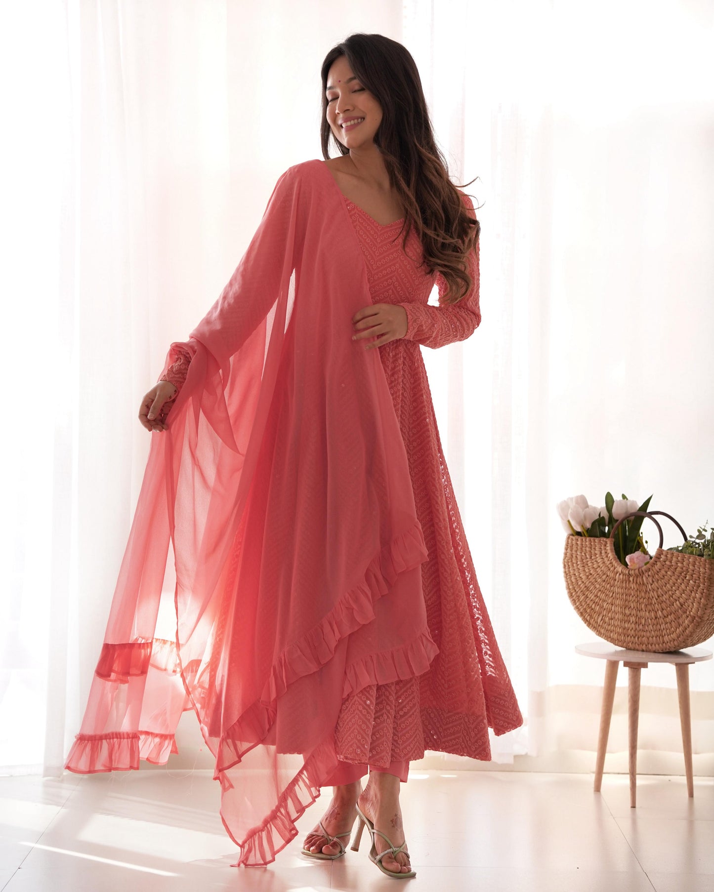 Peach Heavy Pure Soft Fox Georgette with Lucknowi Sequins Work 3pc Kurta Set (Copy)