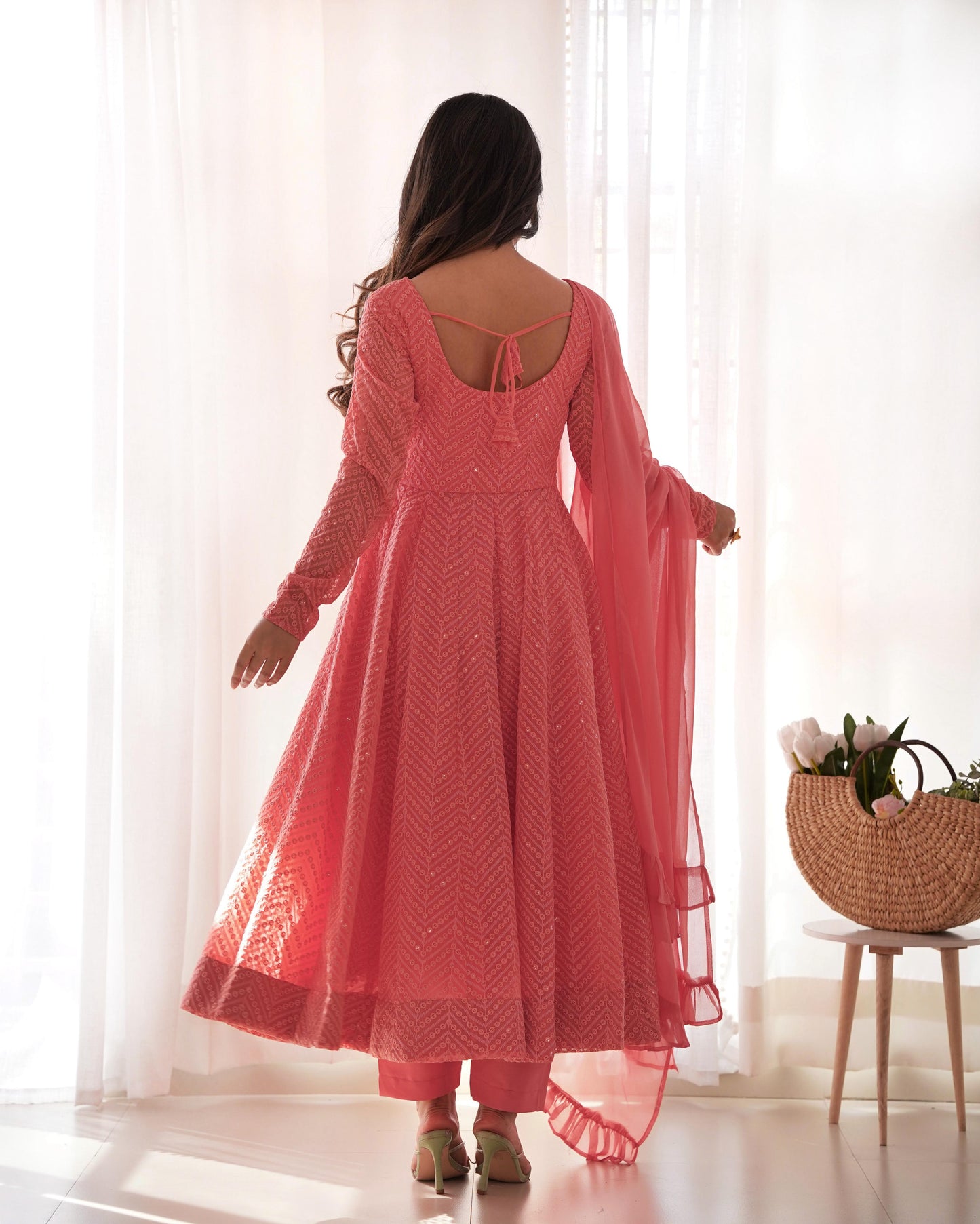 Peach Heavy Pure Soft Fox Georgette with Lucknowi Sequins Work 3pc Kurta Set (Copy)