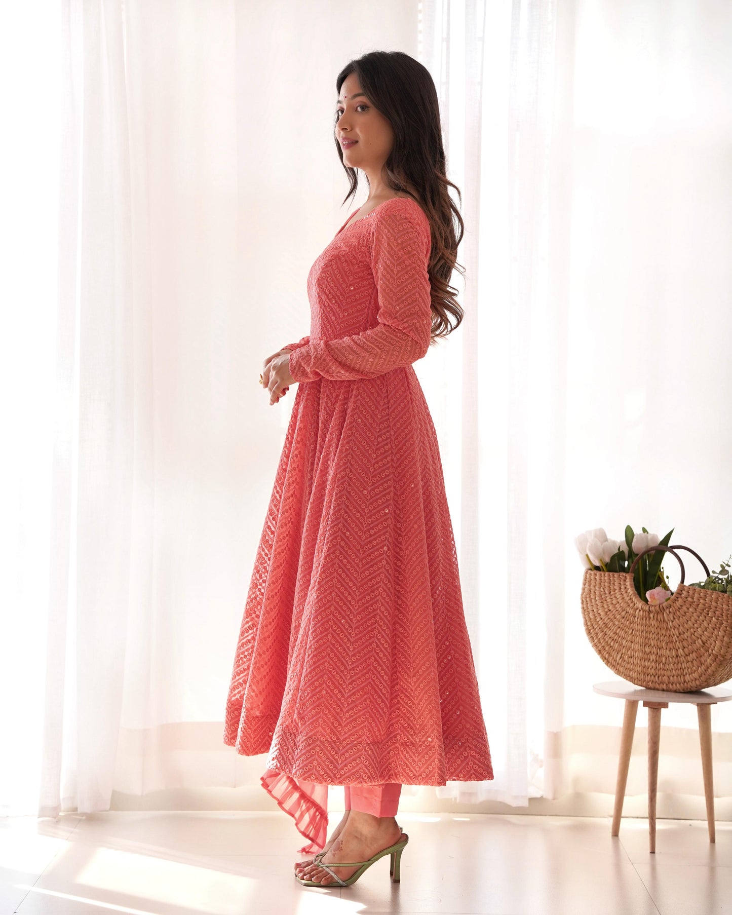 Peach Heavy Pure Soft Fox Georgette with Lucknowi Sequins Work 3pc Kurta Set (Copy)