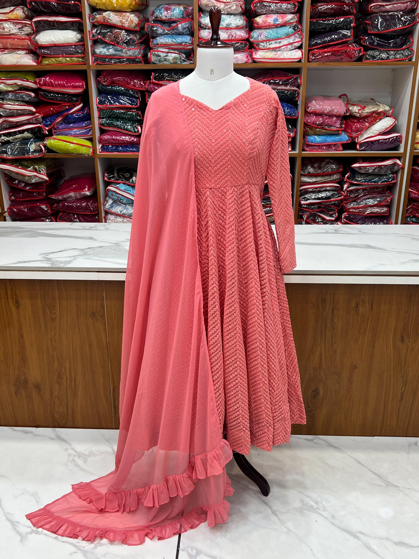 Peach Heavy Pure Soft Fox Georgette with Lucknowi Sequins Work 3pc Kurta Set (Copy)