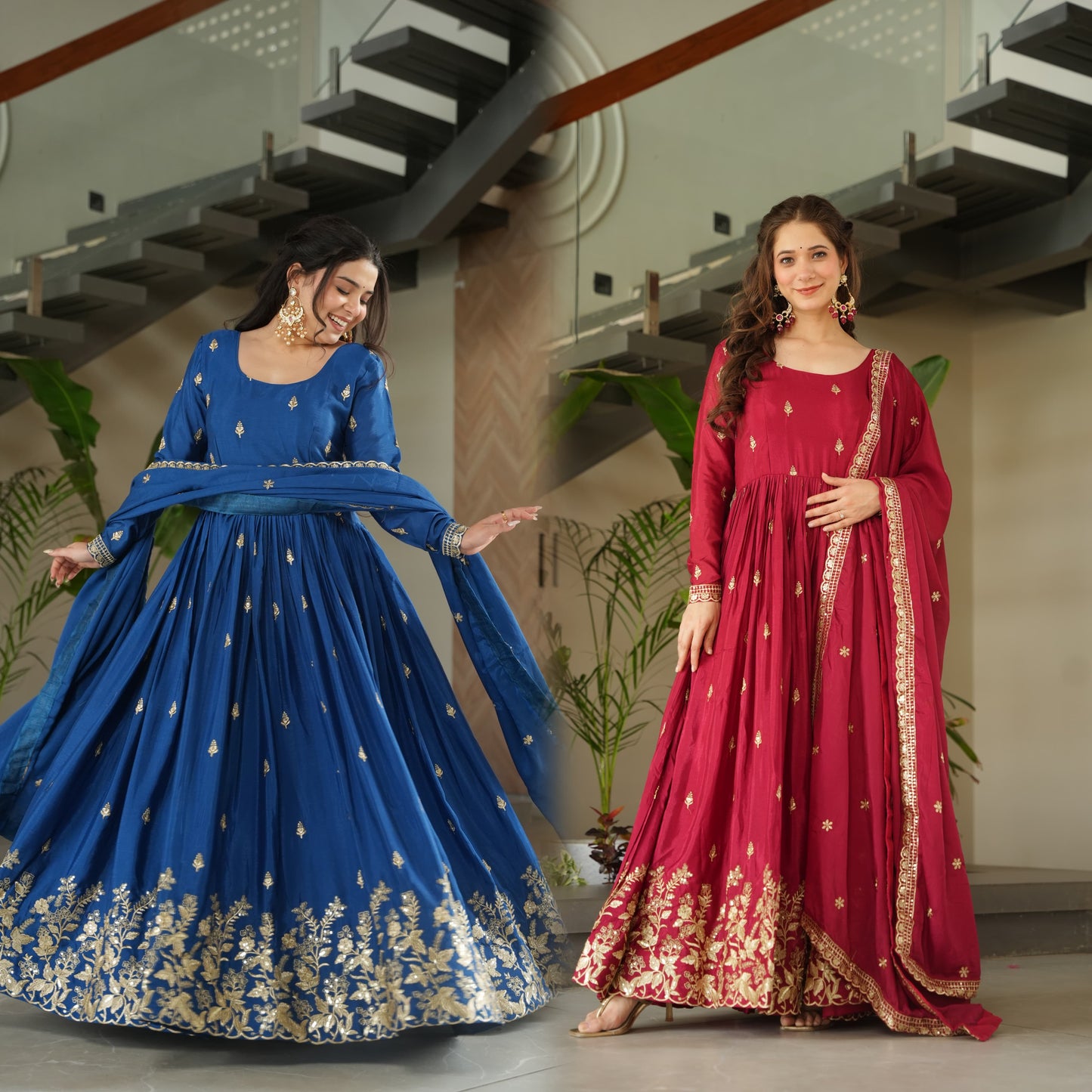 Blue Chinnon with Sequins Work Gown With Dupatta