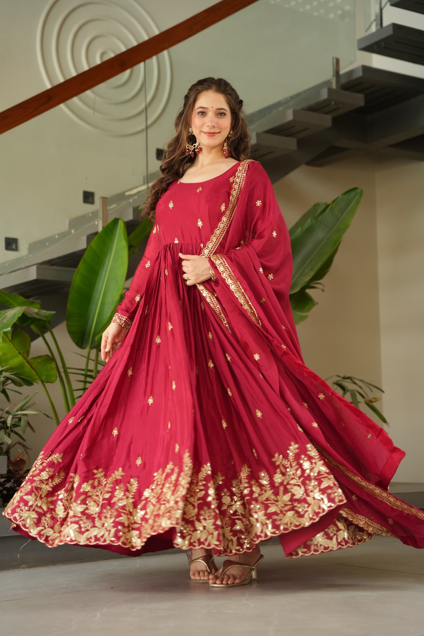 Blue Chinnon with Sequins Work Gown With Dupatta