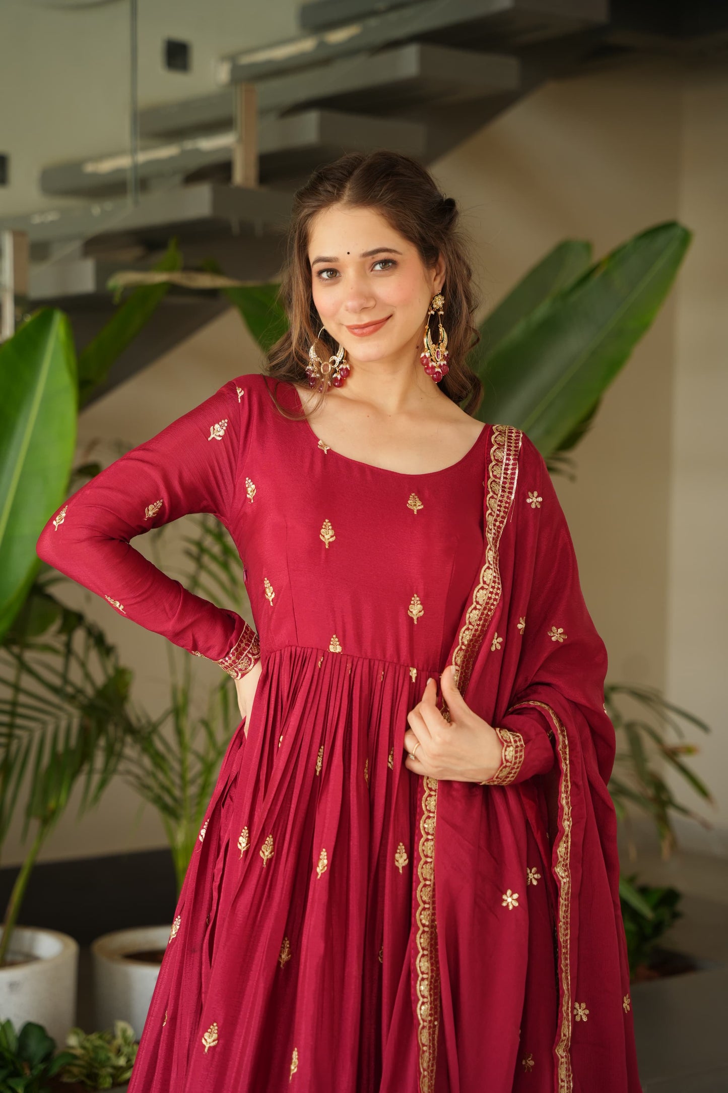 Blue Chinnon with Sequins Work Gown With Dupatta