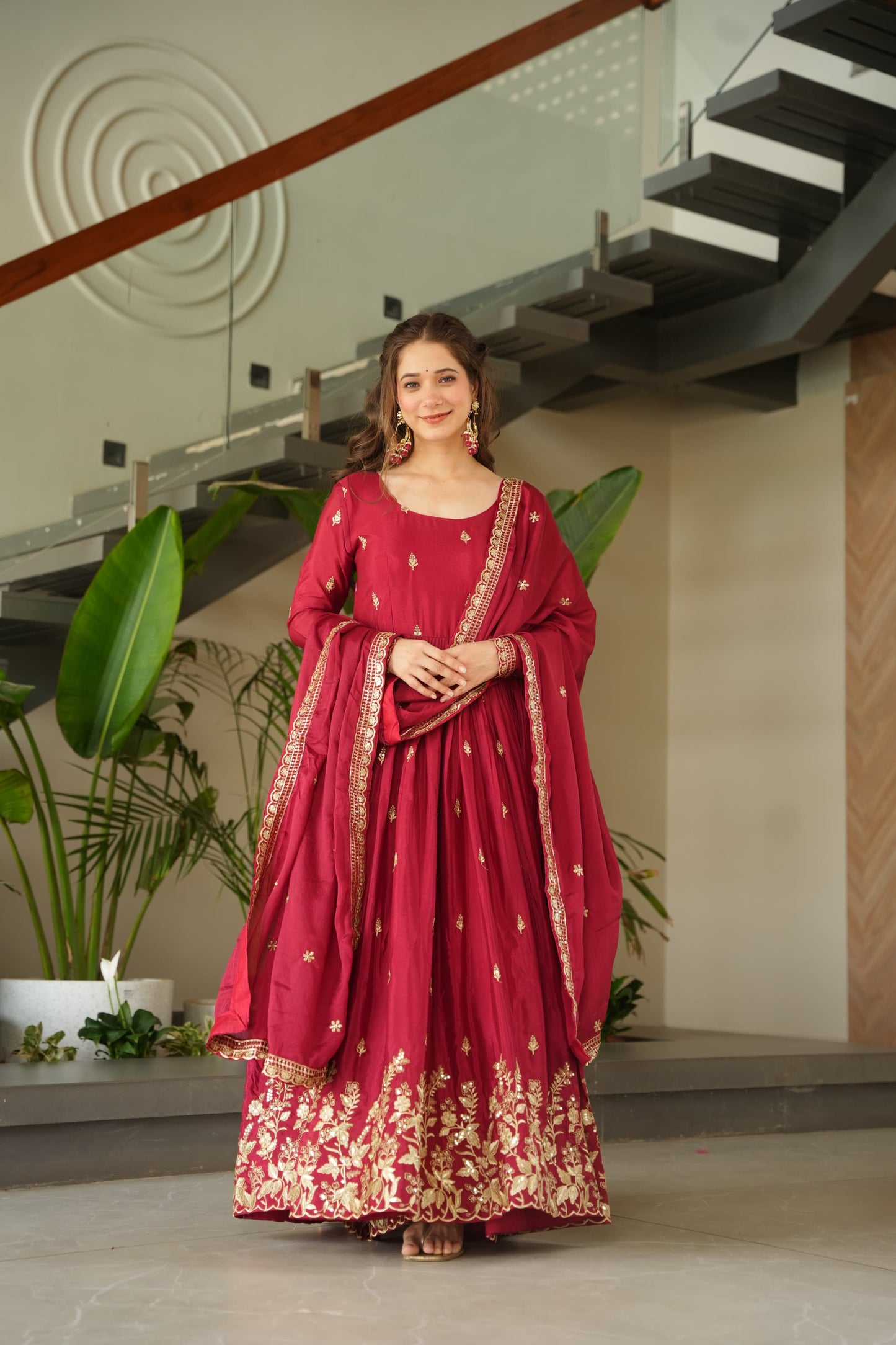 Blue Chinnon with Sequins Work Gown With Dupatta