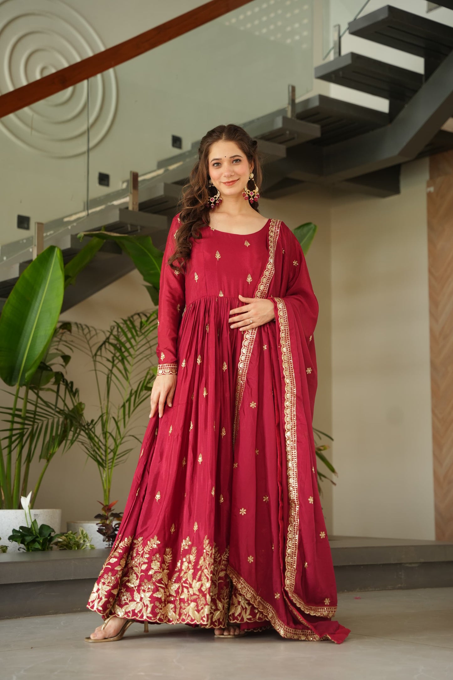 Blue Chinnon with Sequins Work Gown With Dupatta