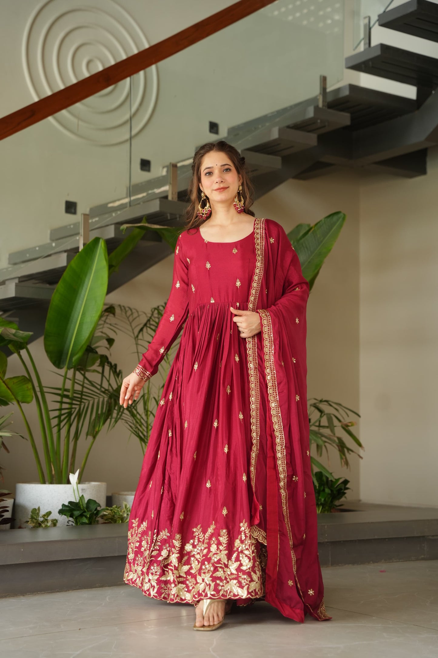 Blue Chinnon with Sequins Work Gown With Dupatta