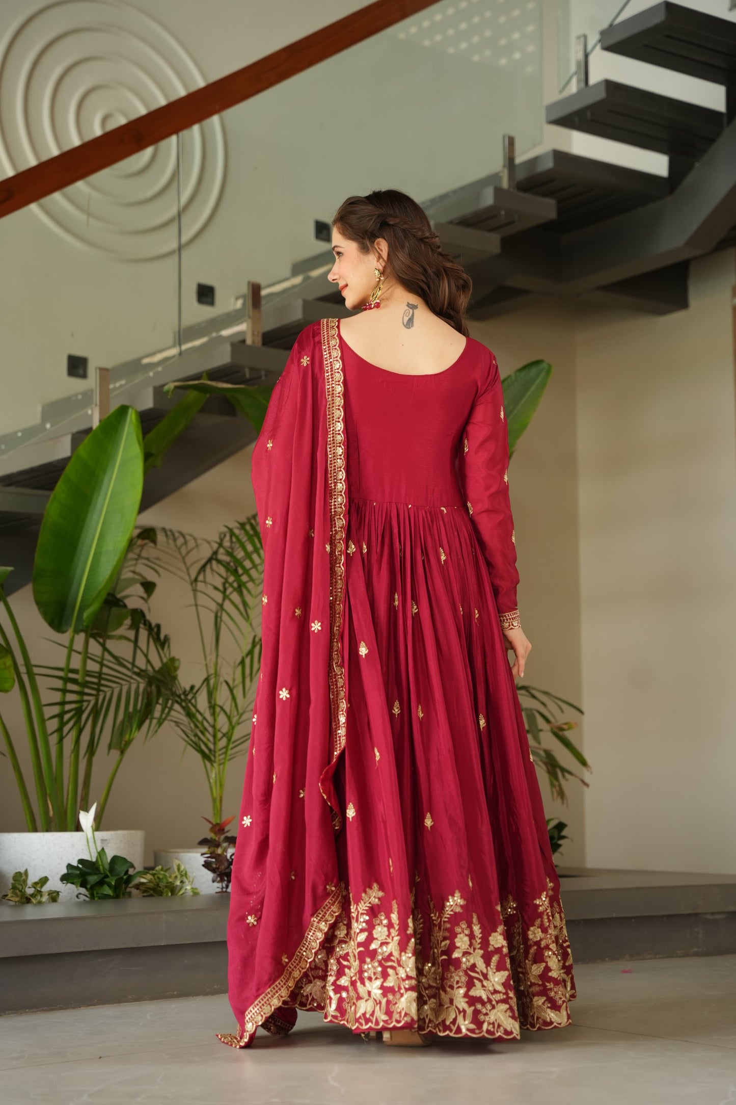 Blue Chinnon with Sequins Work Gown With Dupatta
