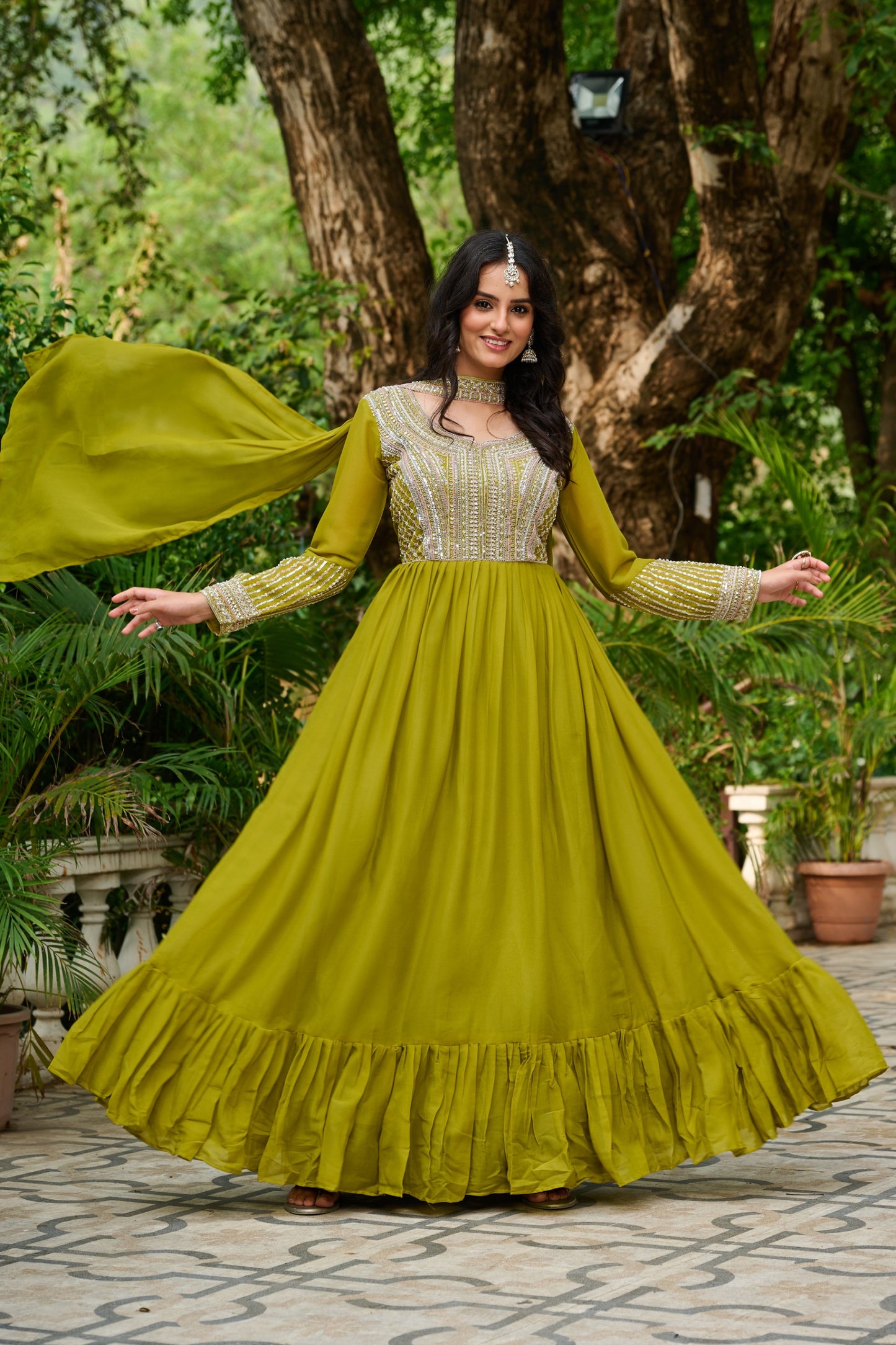 Pink Star Georgette Sequins Work Gown With Dupatta