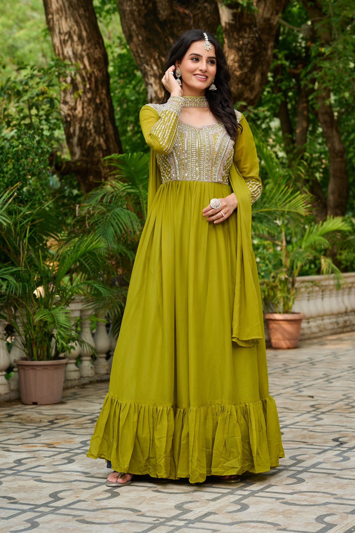 Pink Star Georgette Sequins Work Gown With Dupatta