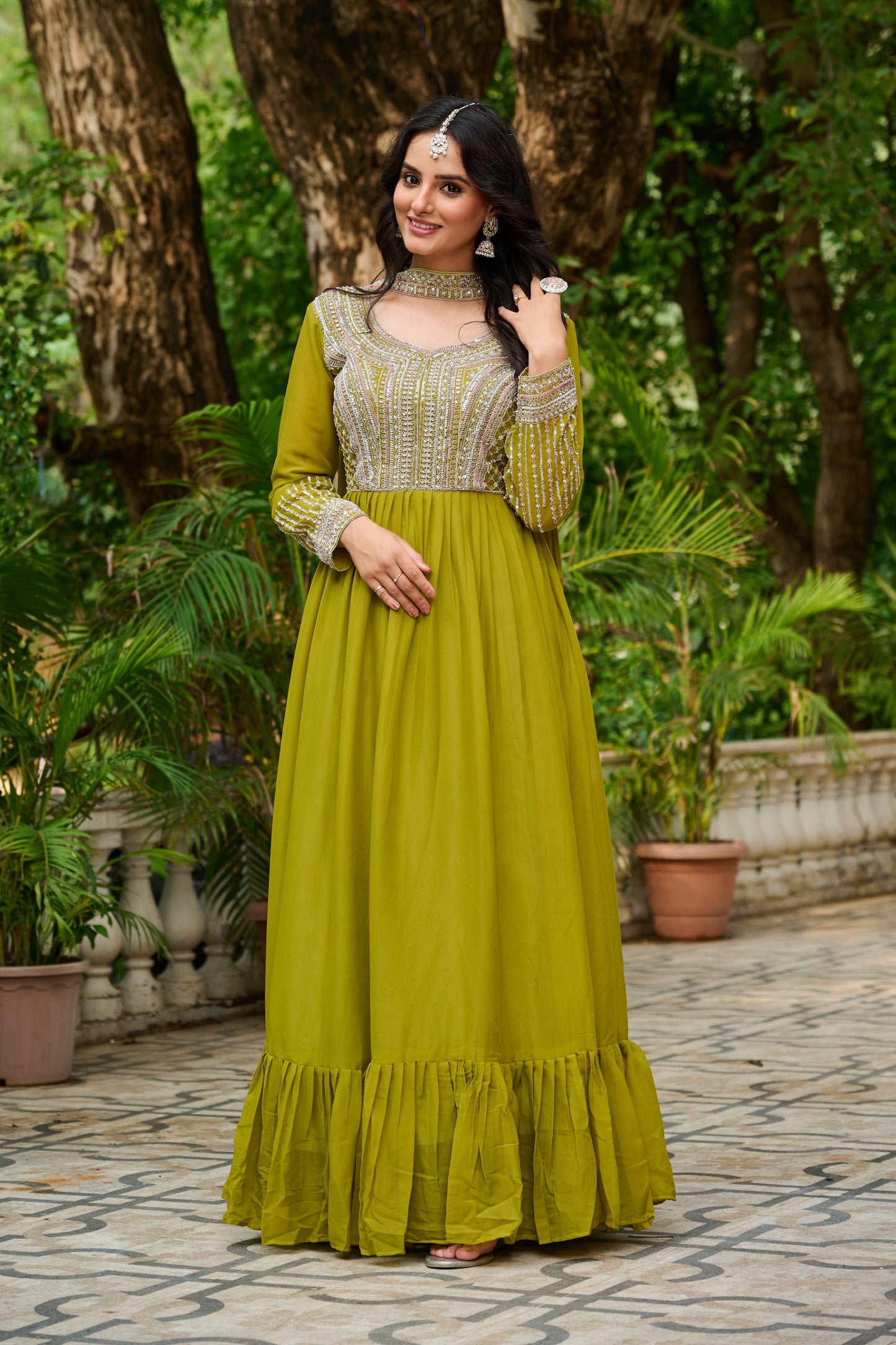 Pink Star Georgette Sequins Work Gown With Dupatta