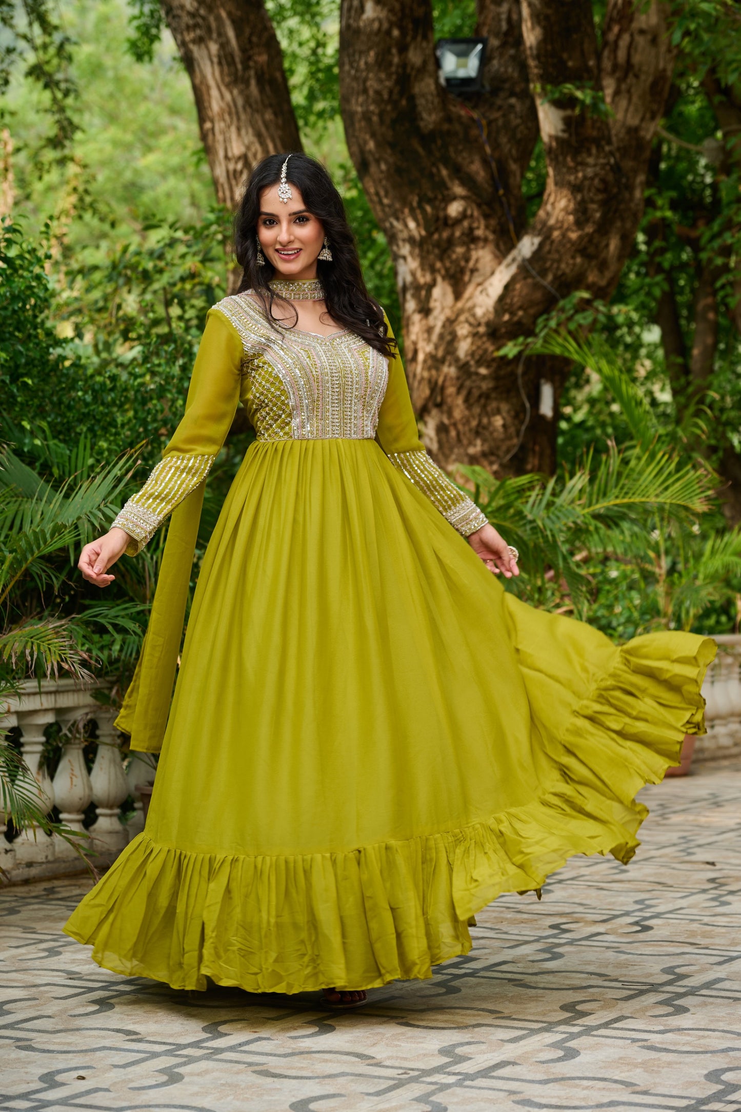 Pink Star Georgette Sequins Work Gown With Dupatta