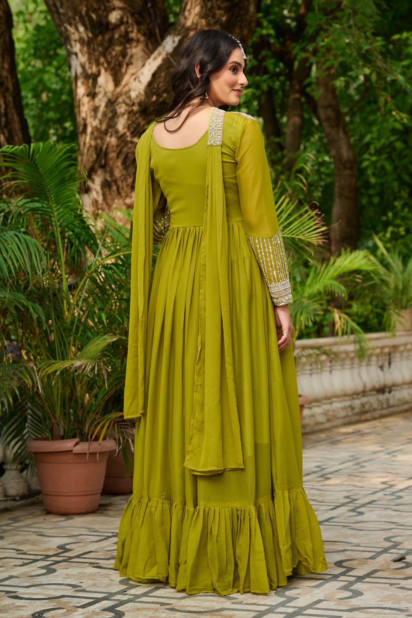 Pink Star Georgette Sequins Work Gown With Dupatta