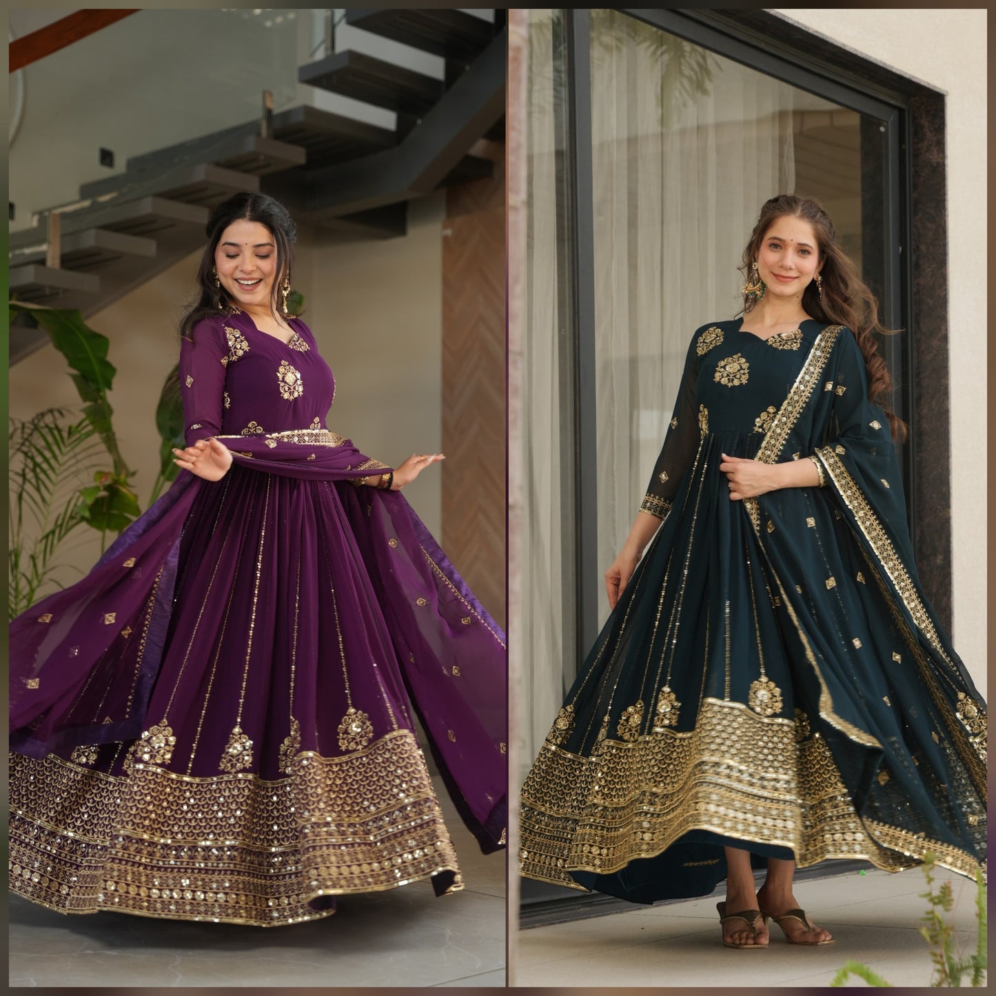 Purple Sequins Embroidered Work Gown With Dupatta