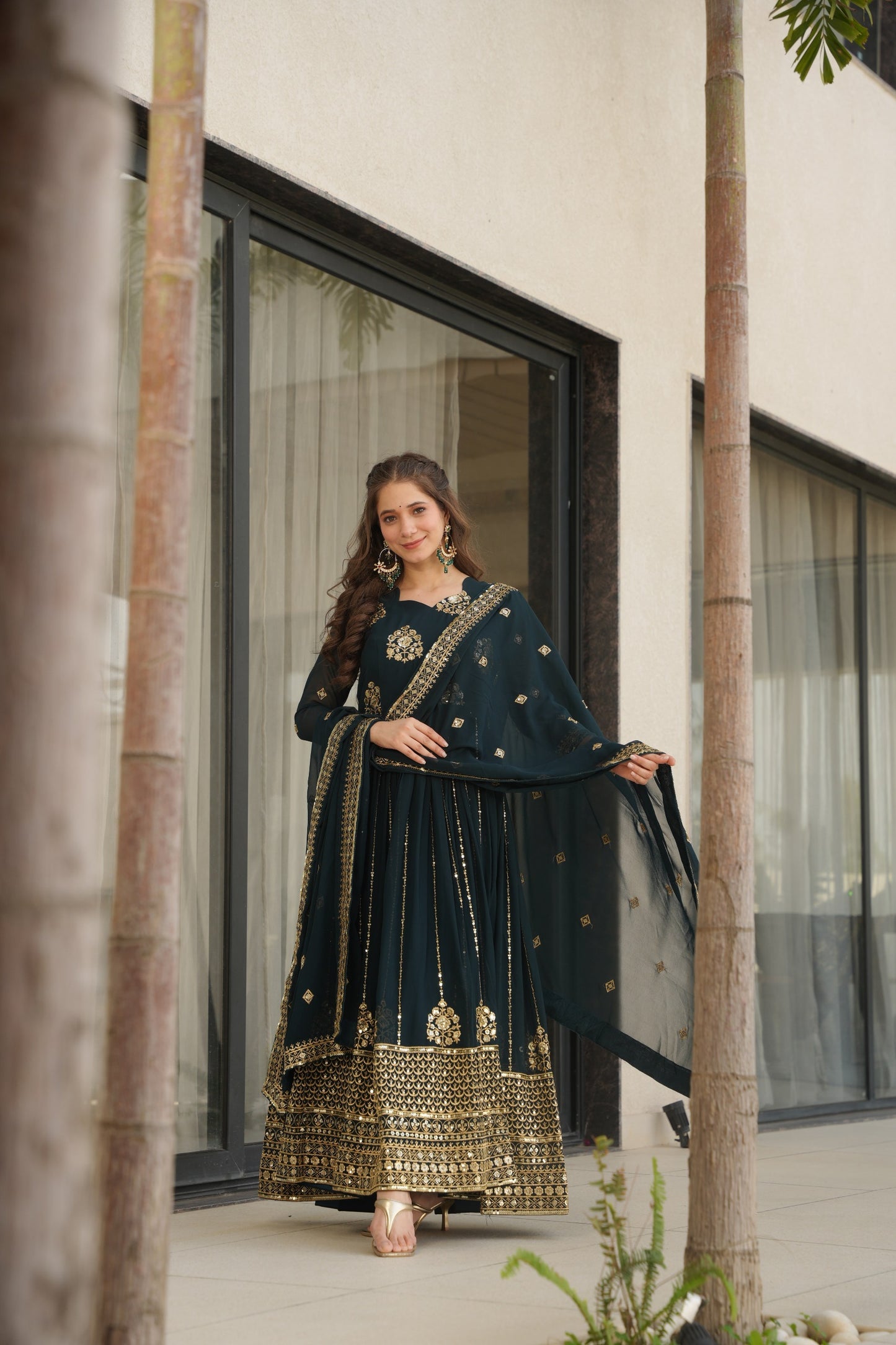 Purple Sequins Embroidered Work Gown With Dupatta