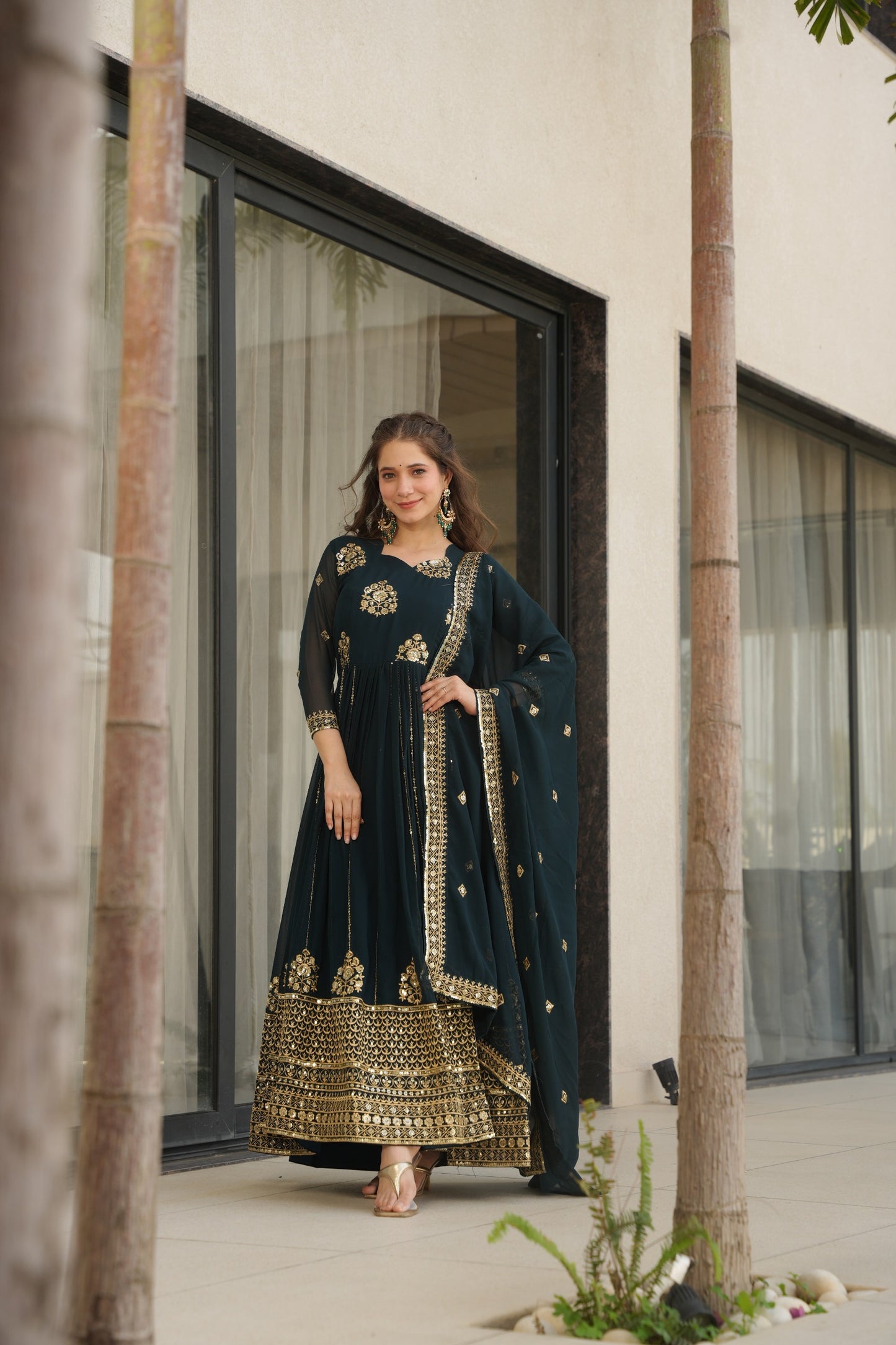 Purple Sequins Embroidered Work Gown With Dupatta