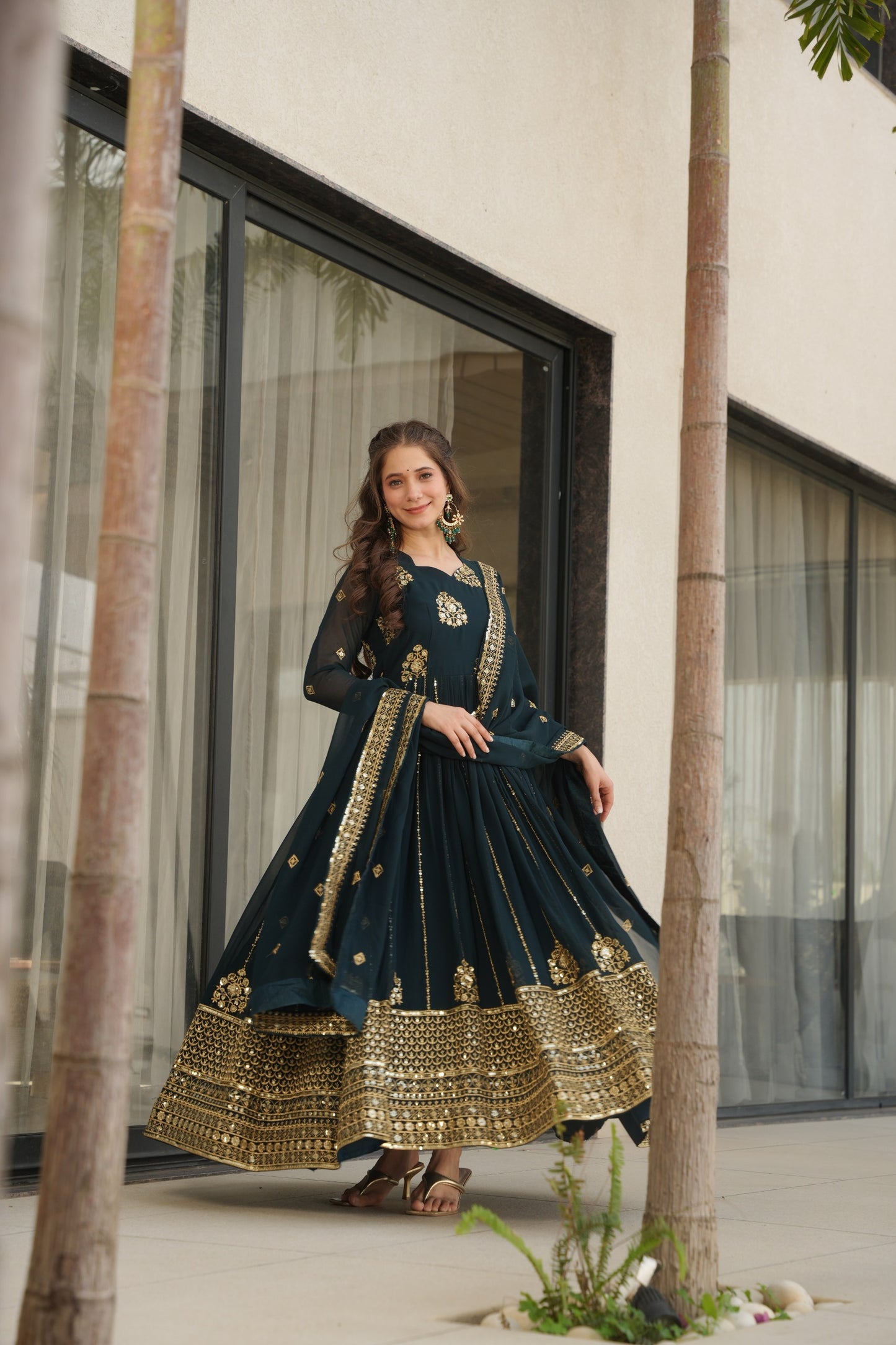 Purple Sequins Embroidered Work Gown With Dupatta