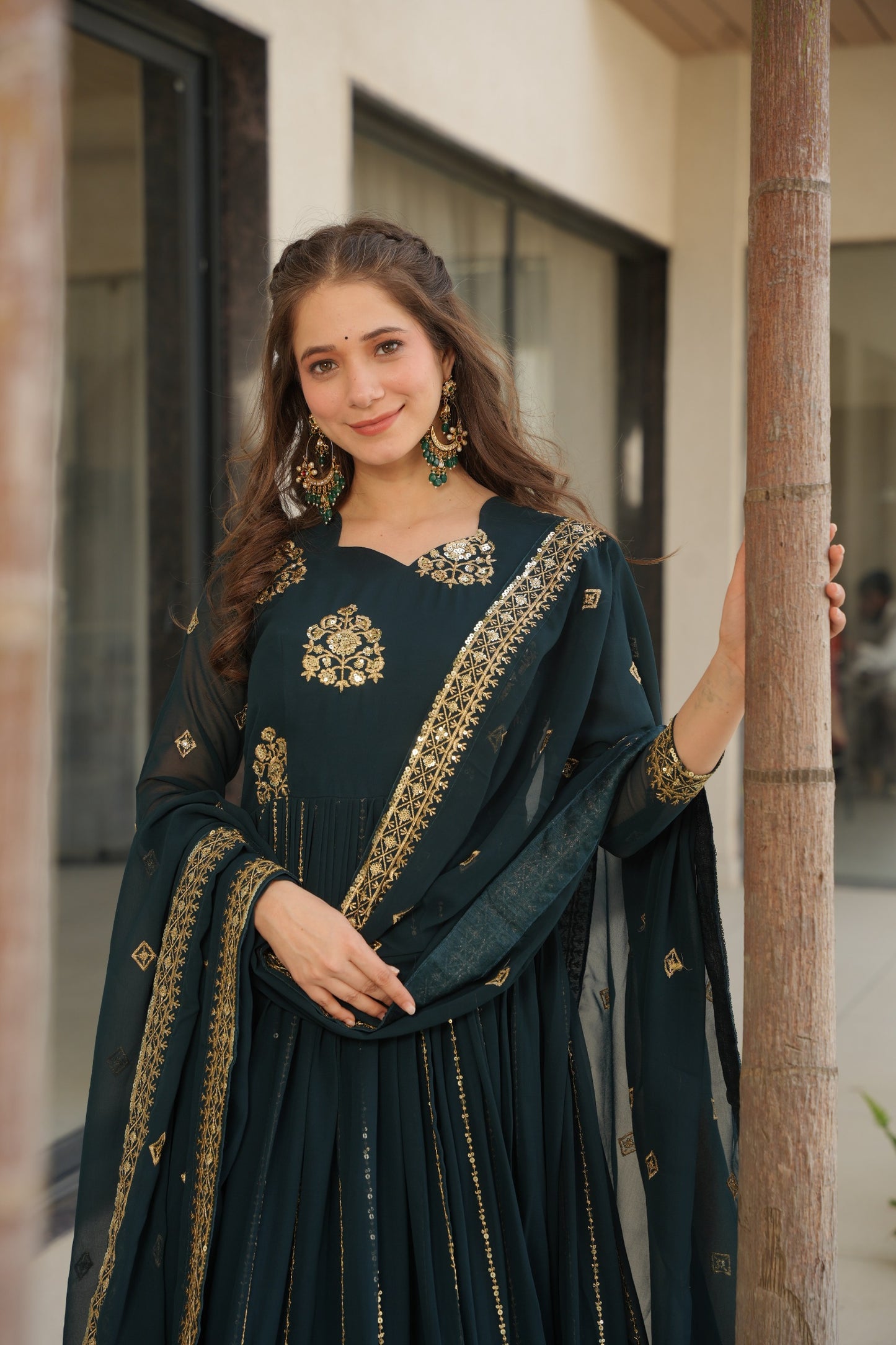 Purple Sequins Embroidered Work Gown With Dupatta