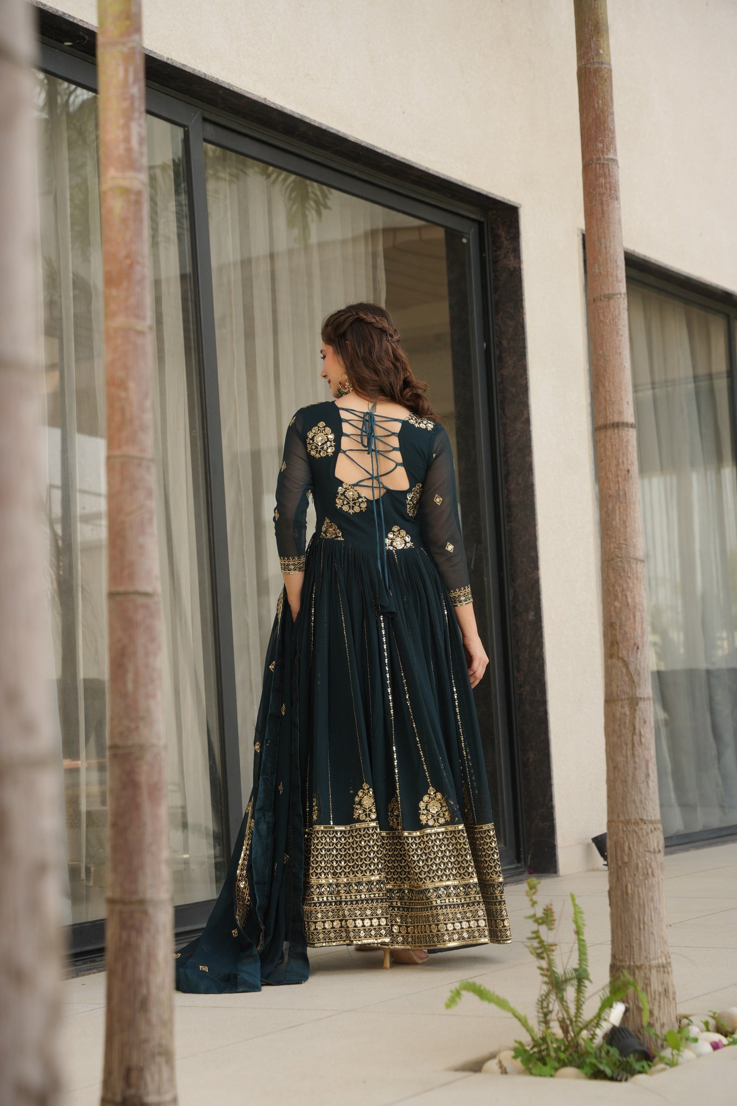 Purple Sequins Embroidered Work Gown With Dupatta