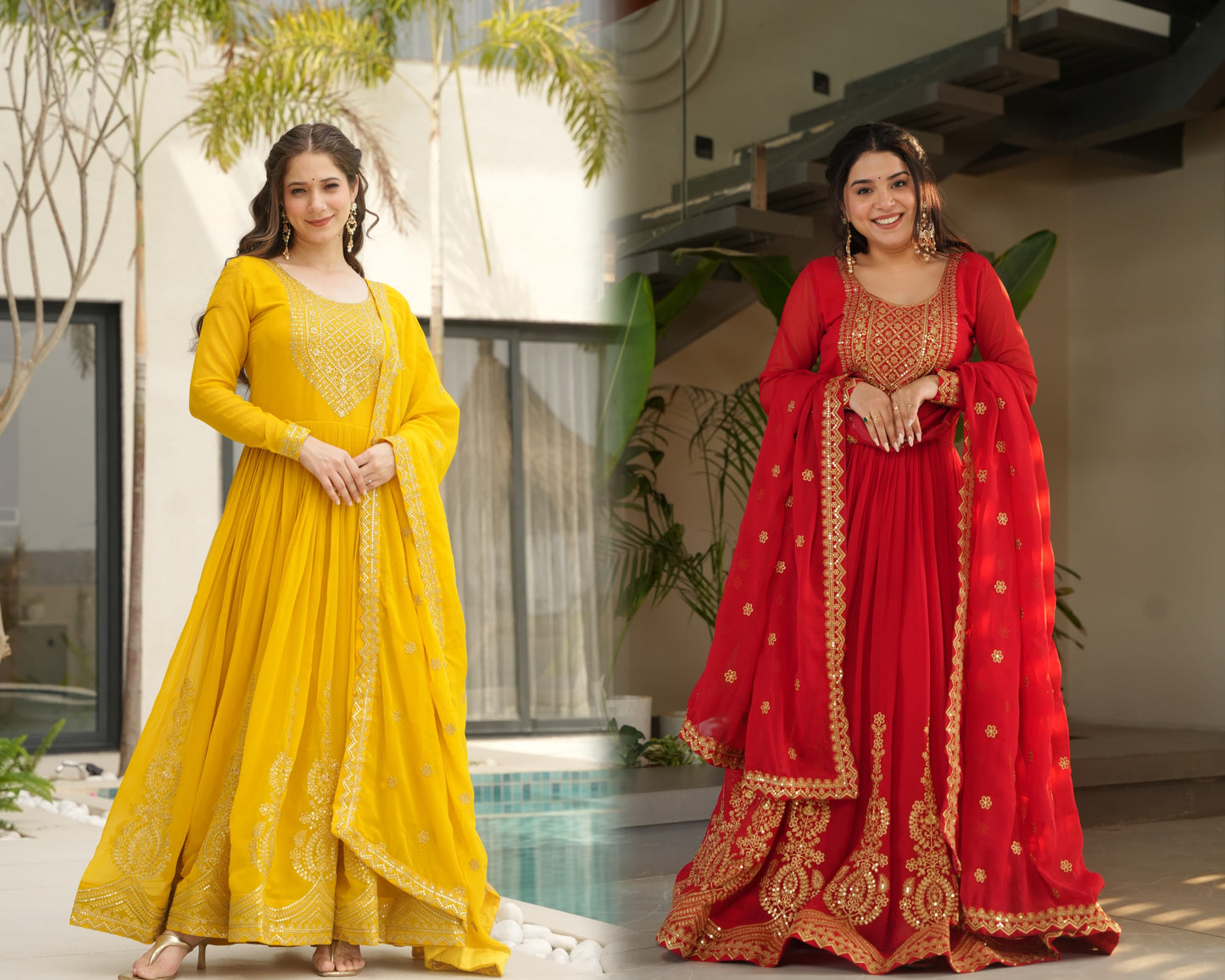 Red Faux Blooming with Embroidery Zari Sequins Work Gown With Dupatta