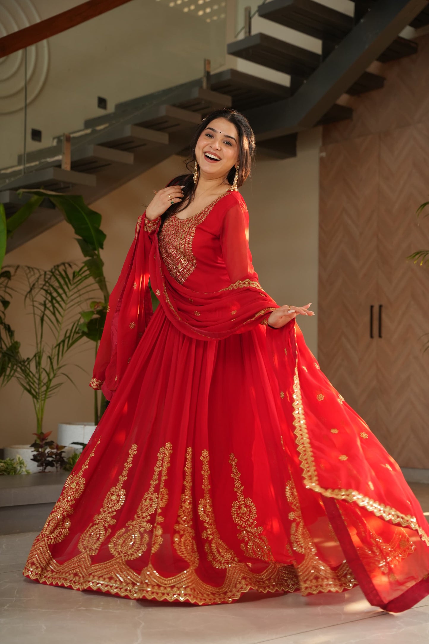 Red Faux Blooming with Embroidery Zari Sequins Work Gown With Dupatta
