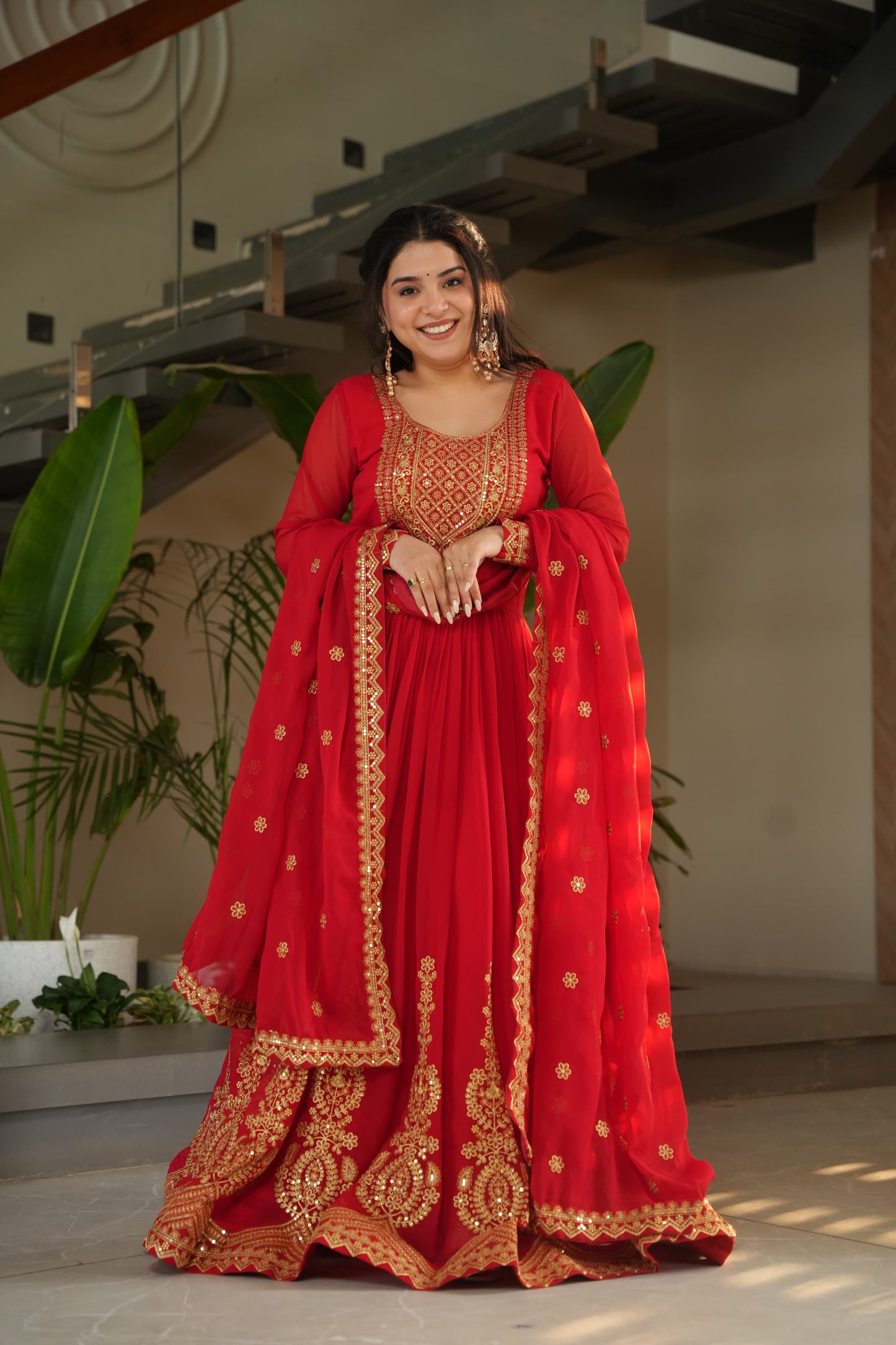 Red Faux Blooming with Embroidery Zari Sequins Work Gown With Dupatta