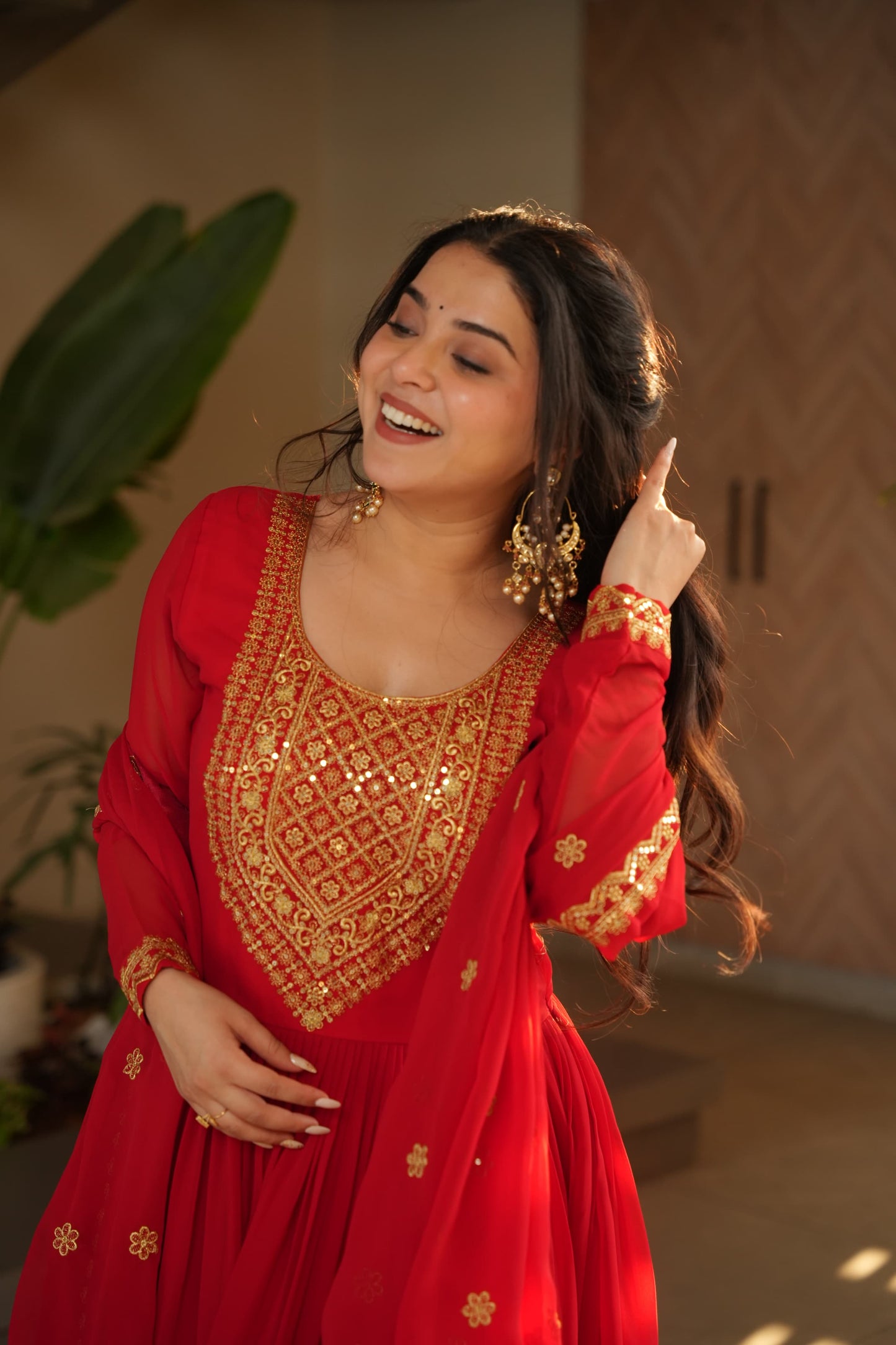 Red Faux Blooming with Embroidery Zari Sequins Work Gown With Dupatta