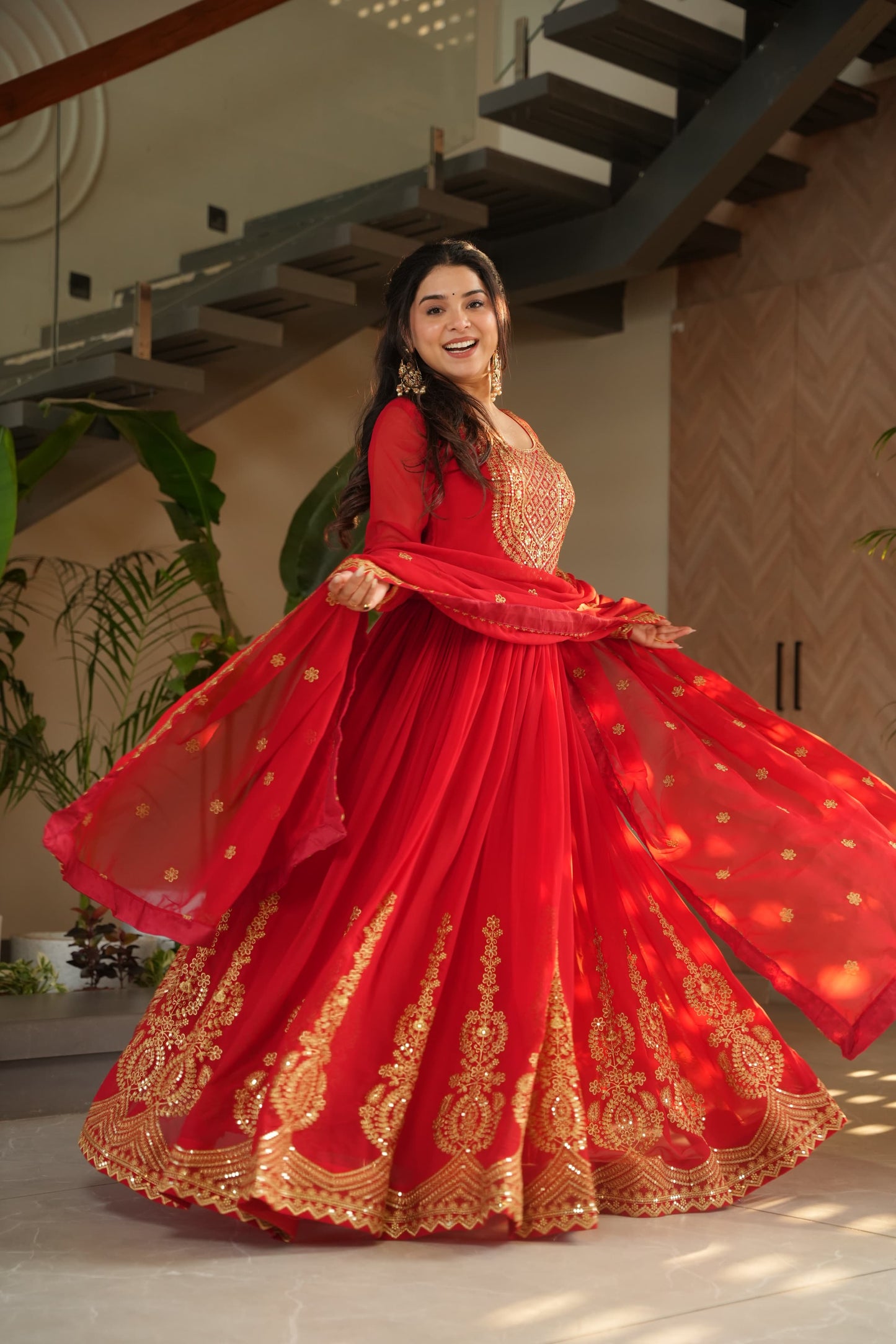 Red Faux Blooming with Embroidery Zari Sequins Work Gown With Dupatta