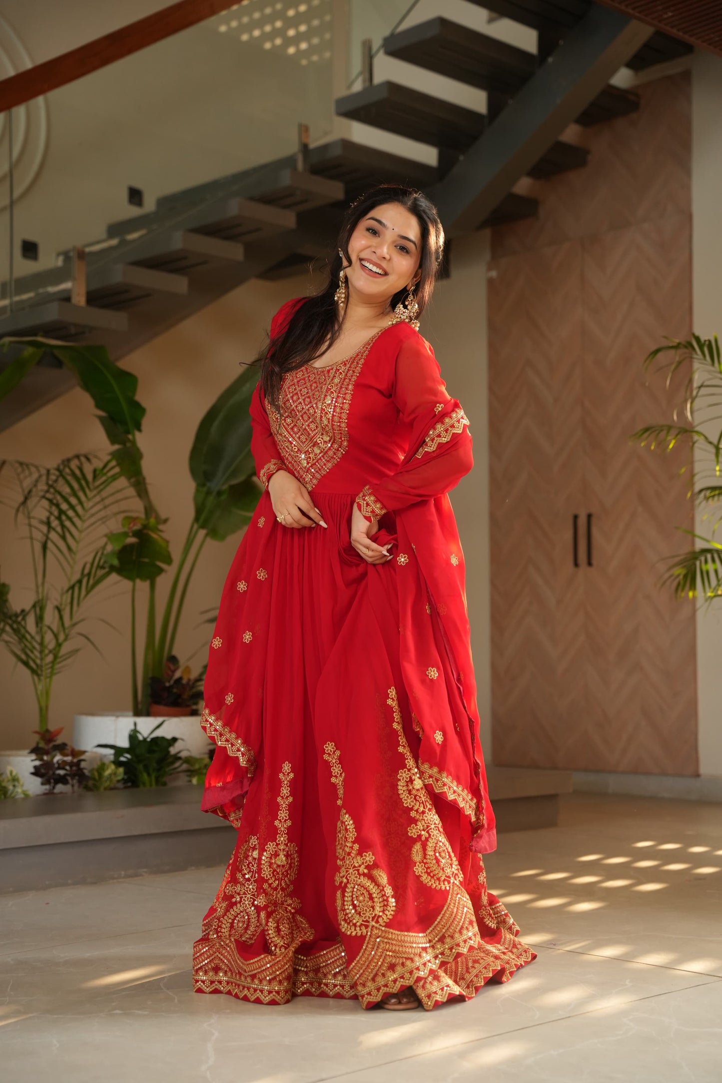 Red Faux Blooming with Embroidery Zari Sequins Work Gown With Dupatta