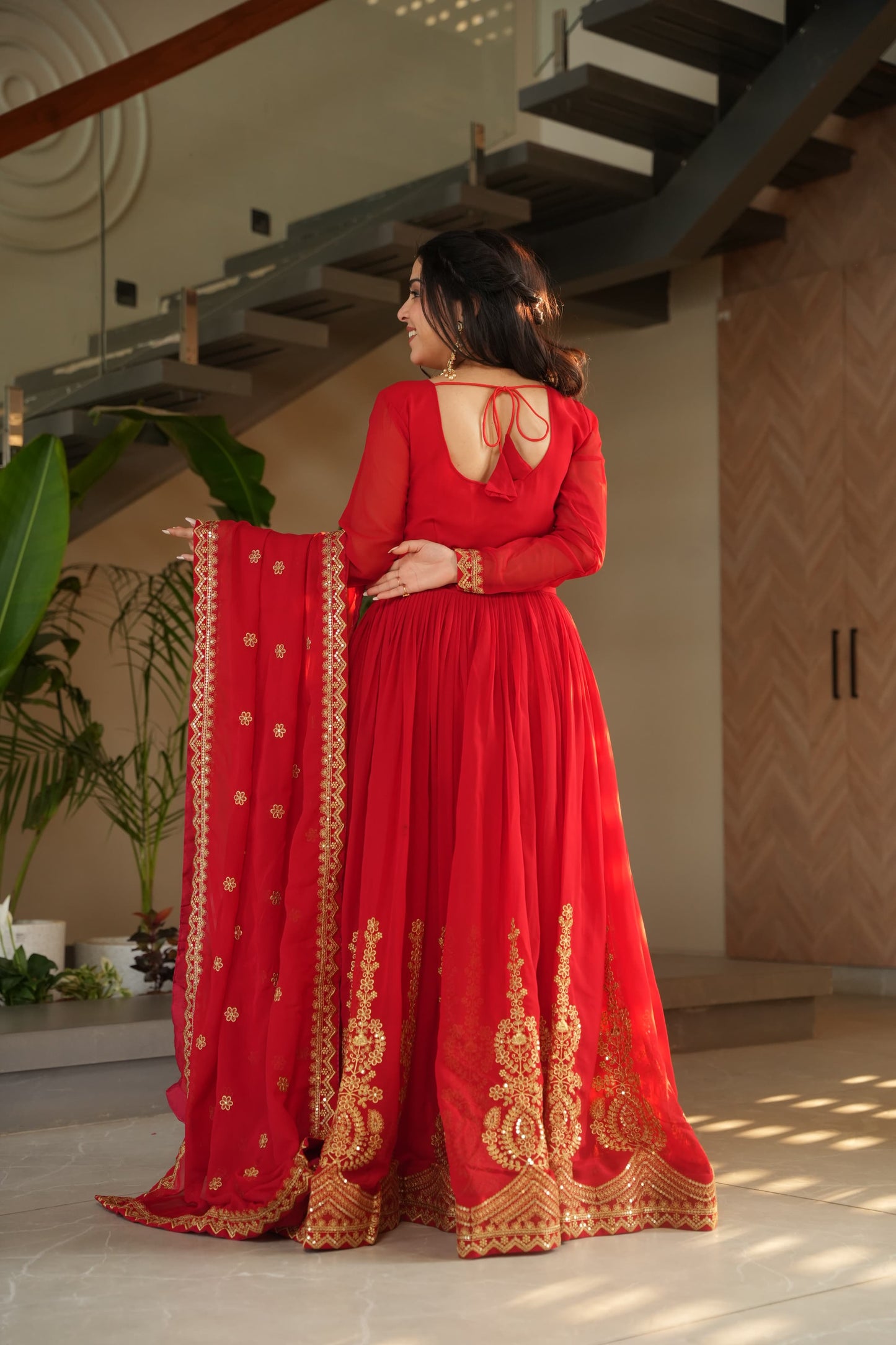 Red Faux Blooming with Embroidery Zari Sequins Work Gown With Dupatta