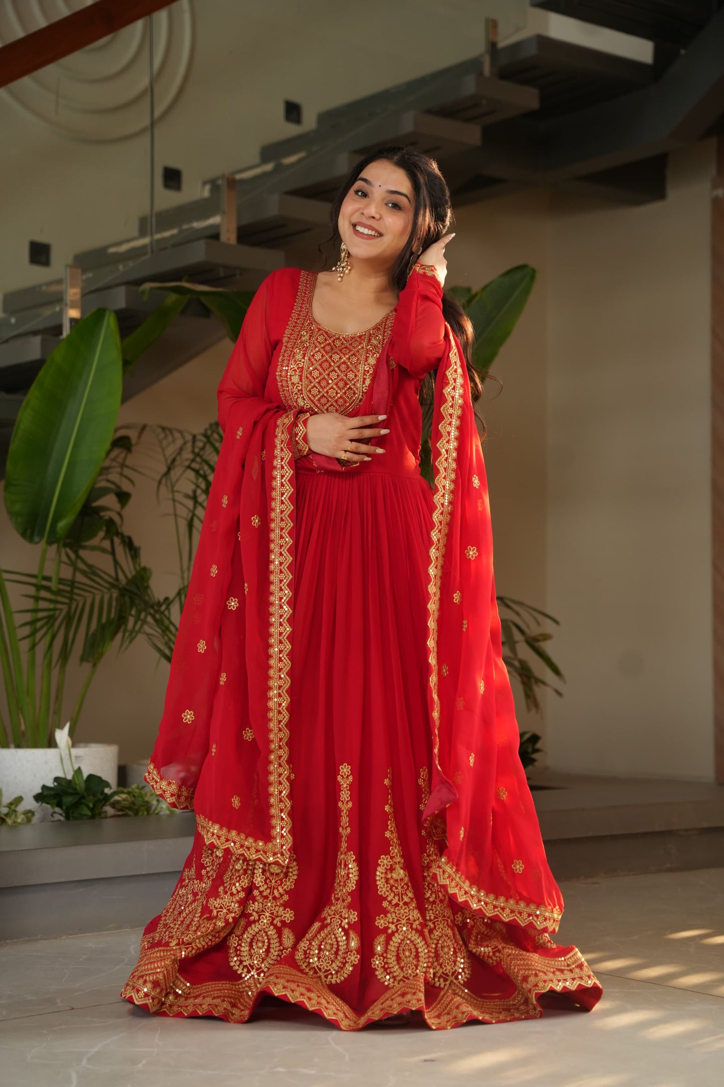 Red Faux Blooming with Embroidery Zari Sequins Work Gown With Dupatta