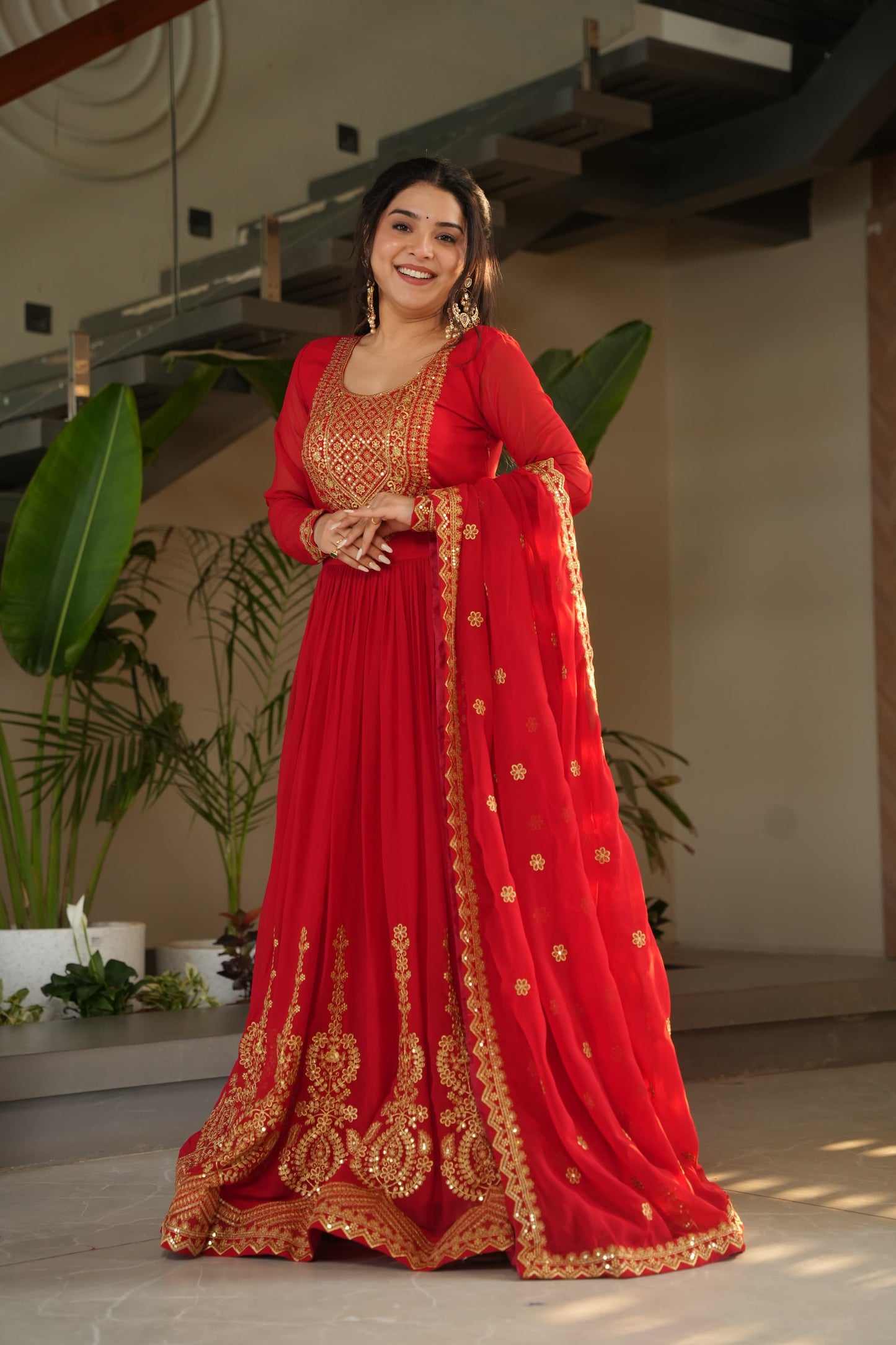 Red Faux Blooming with Embroidery Zari Sequins Work Gown With Dupatta