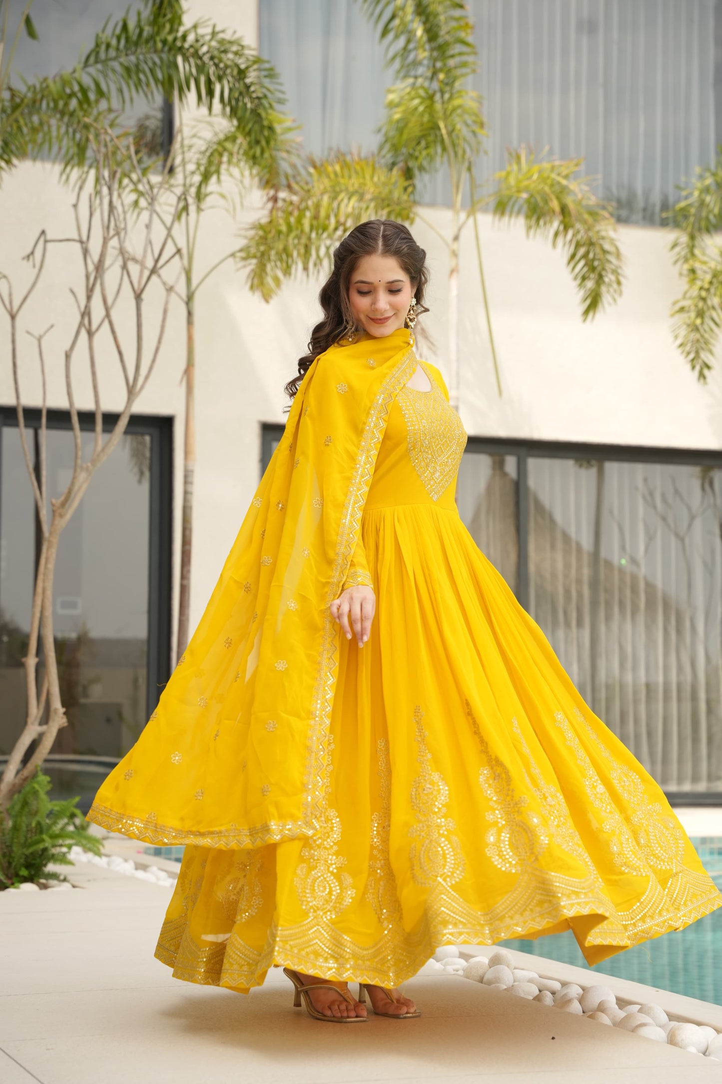 Red Faux Blooming with Embroidery Zari Sequins Work Gown With Dupatta