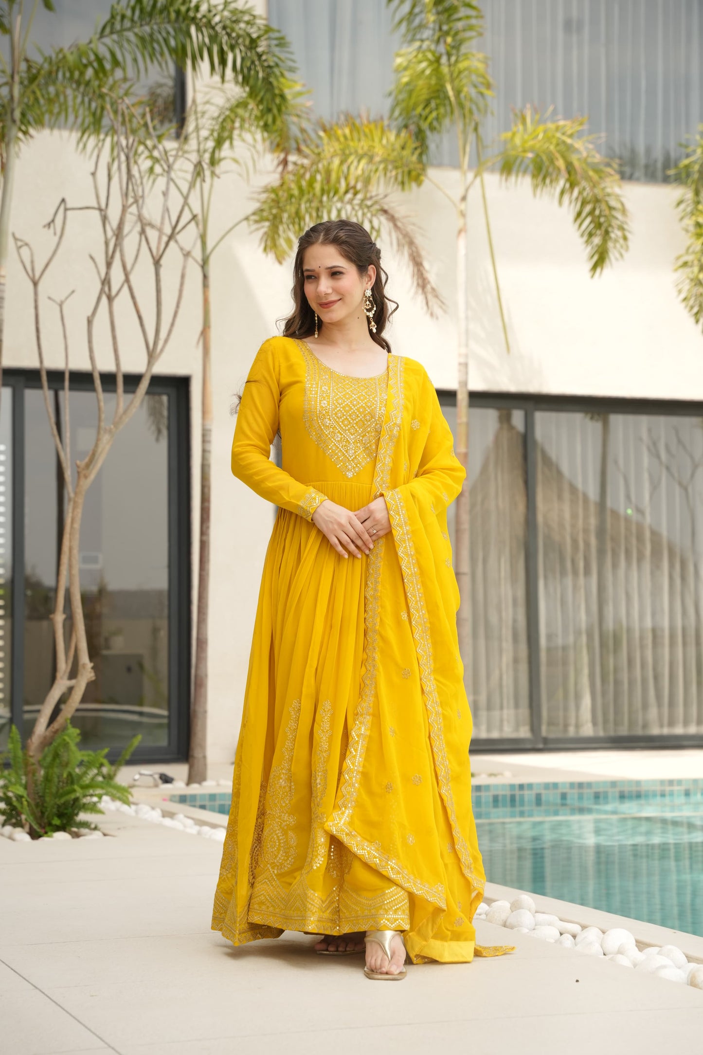 Red Faux Blooming with Embroidery Zari Sequins Work Gown With Dupatta