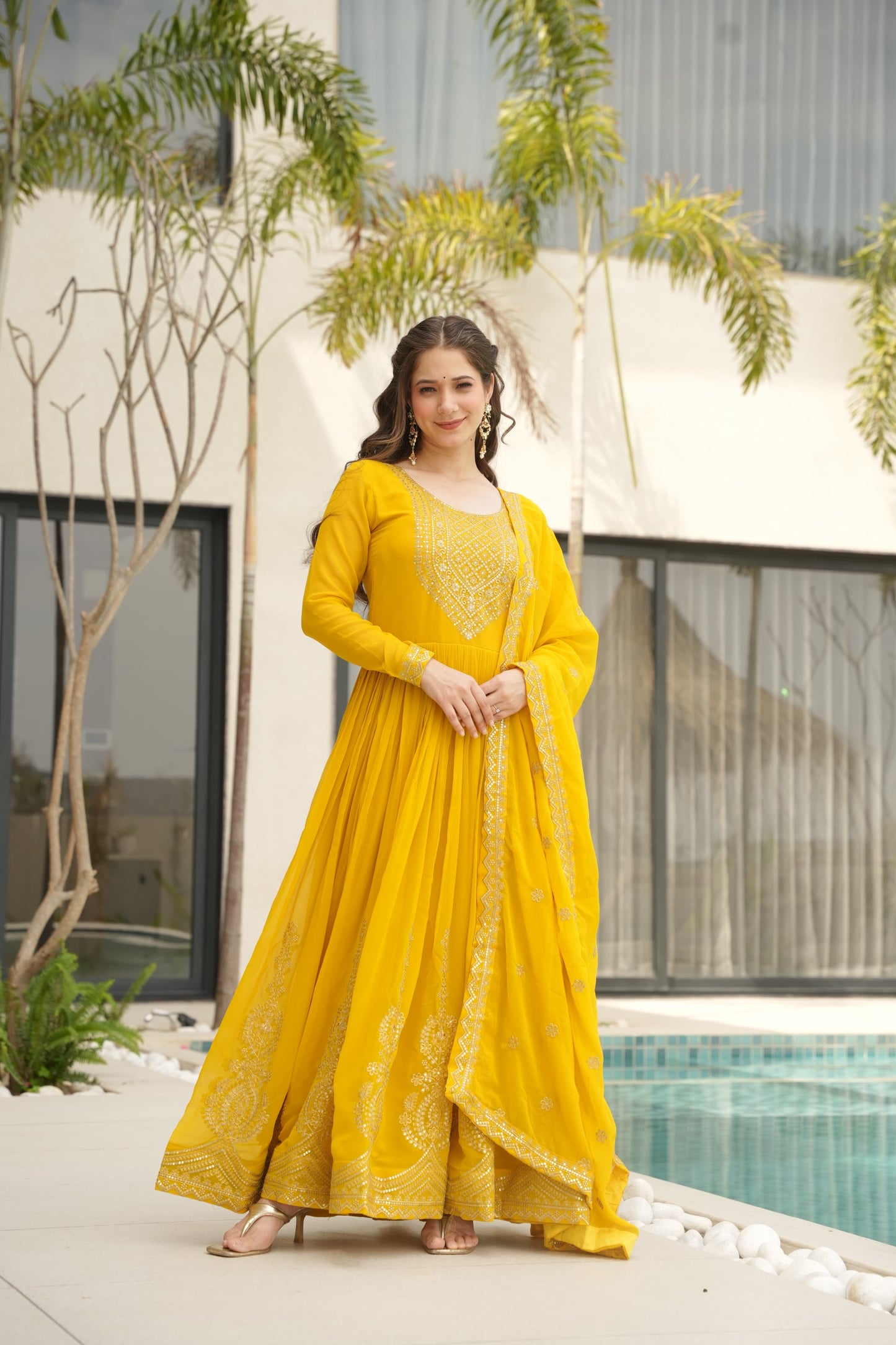 Red Faux Blooming with Embroidery Zari Sequins Work Gown With Dupatta