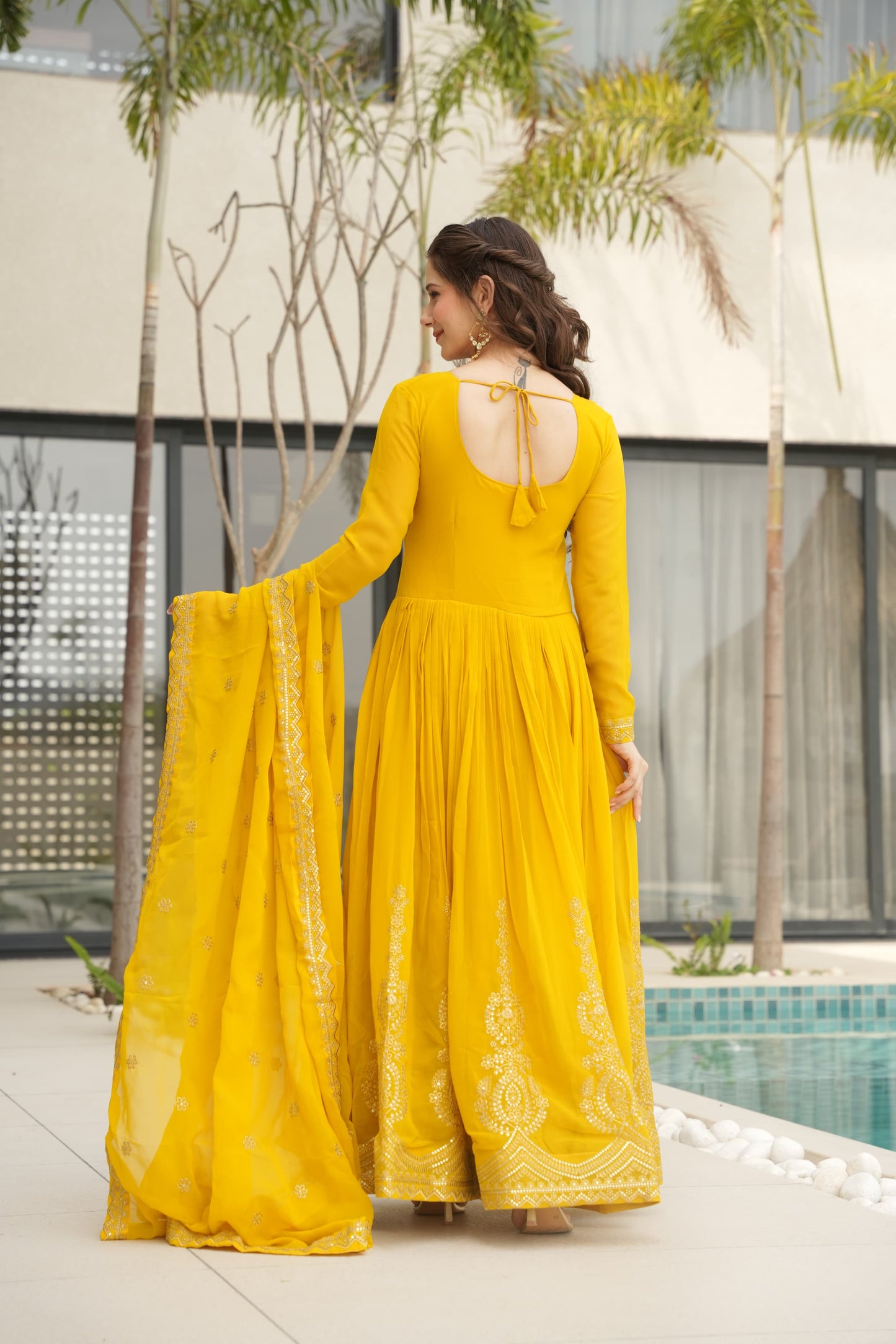 Red Faux Blooming with Embroidery Zari Sequins Work Gown With Dupatta